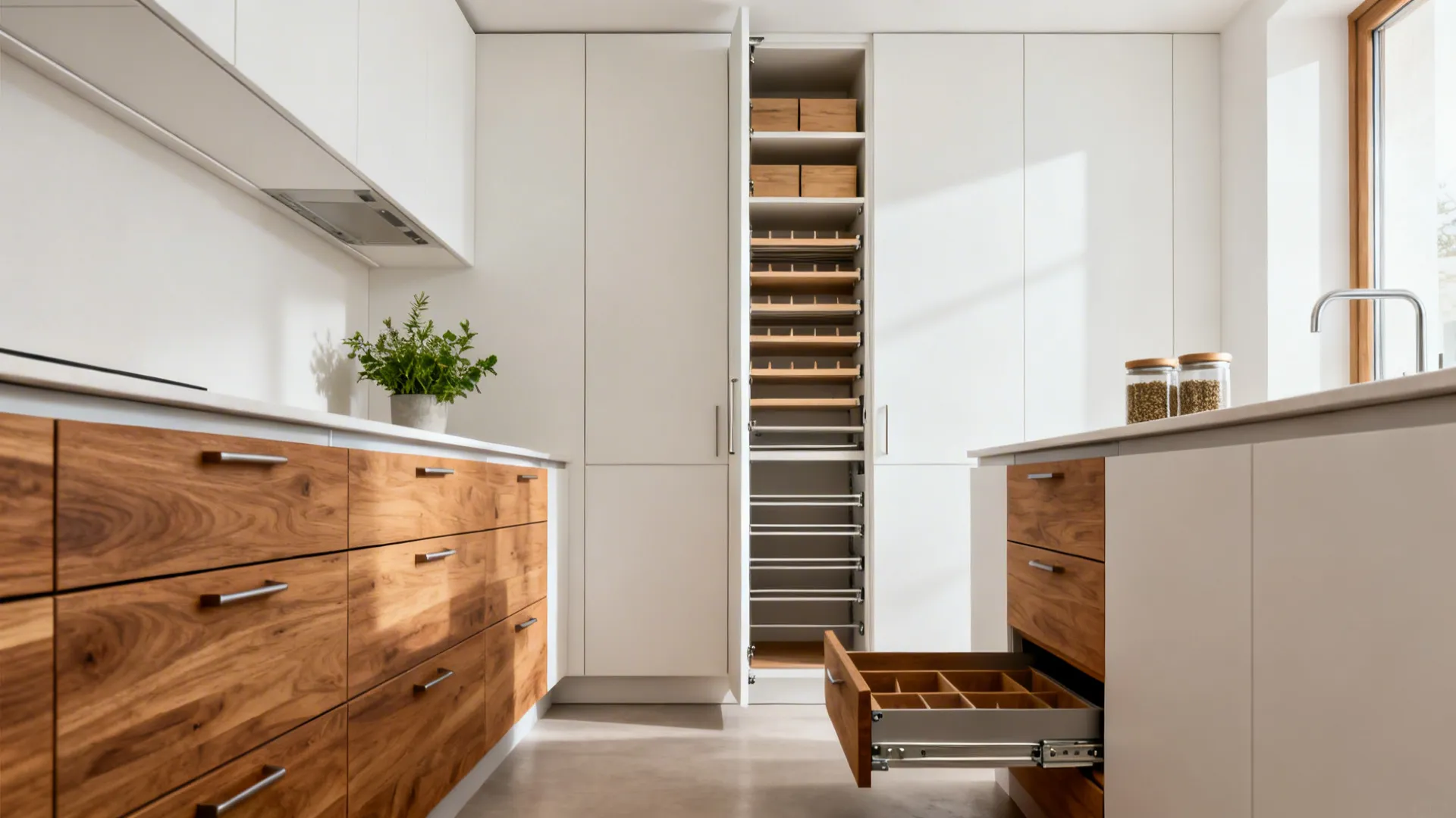 Small kitchen with ceiling-height cabinets, tall pantry pull-outs, and organized drawers in a minimalist style.