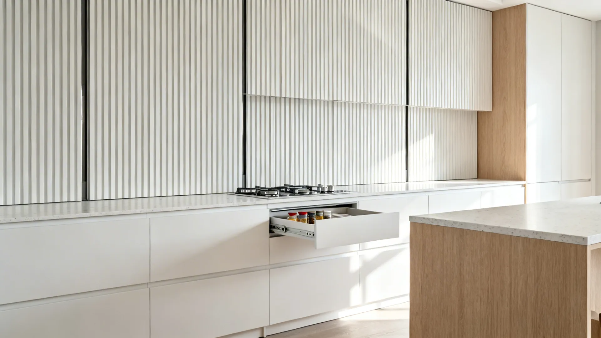 Minimalist HDB kitchen cabinets with vertical slat fronts and slim pull-outs near the hob.