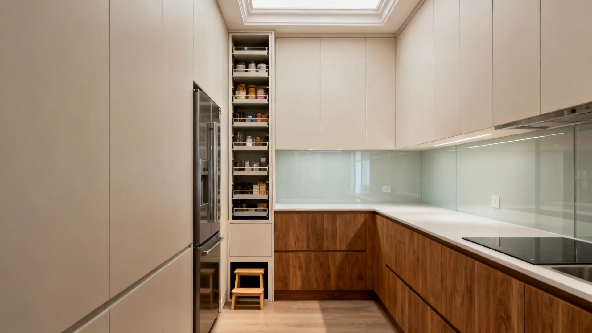 Compact kitchen with ceiling-high uppers and a slim pull-out pantry tower beside the fridge.