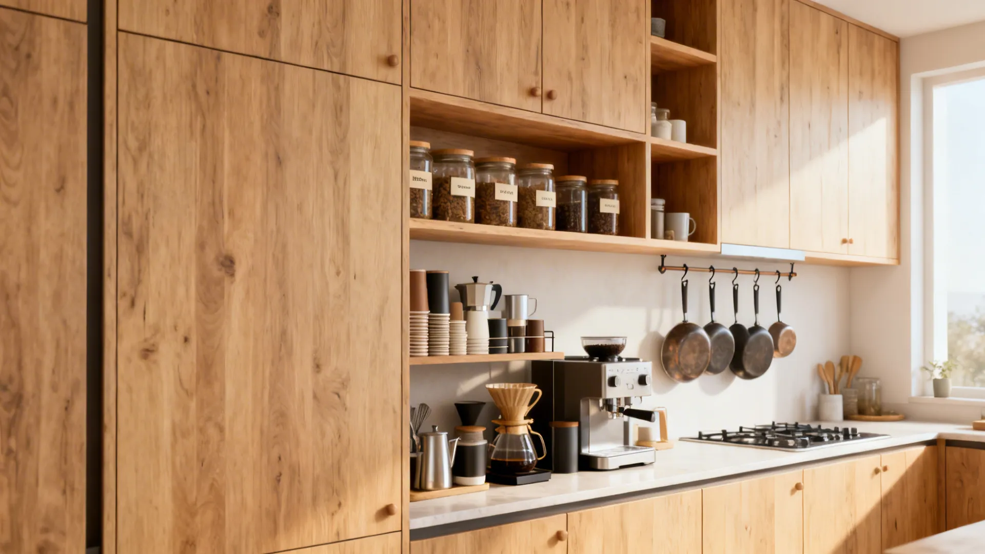 Tall cabinets and open shelving creating organized vertical zones in a kitchen