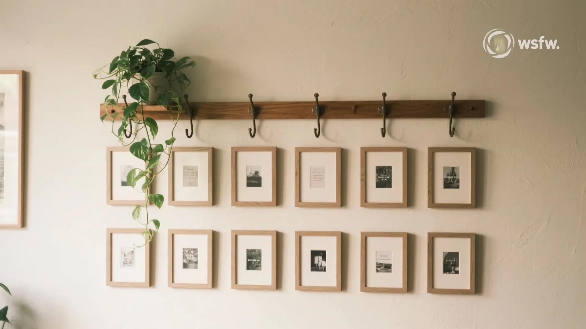 Twelve small framed pictures arranged in rows below a wooden wall hook with green plant