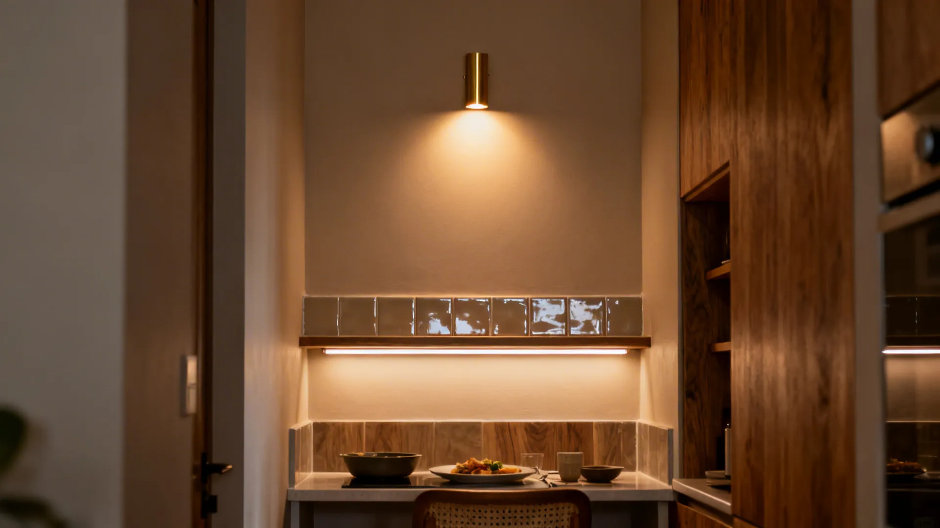 Narrow kitchen with soft neutral walls, a tile-backed ledge, and a warm picture light with under-shelf LEDs.