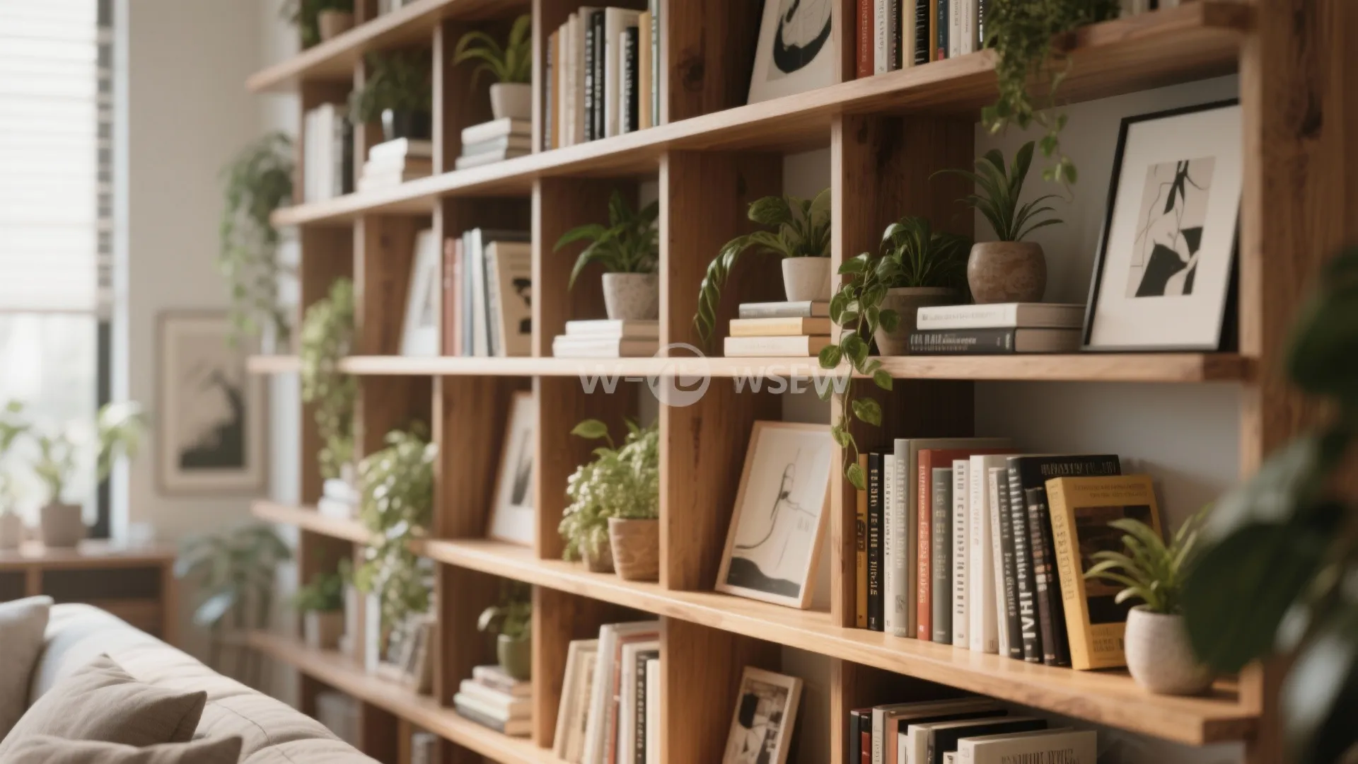 Tall bookcase with vertical art and plants to enhance space height
