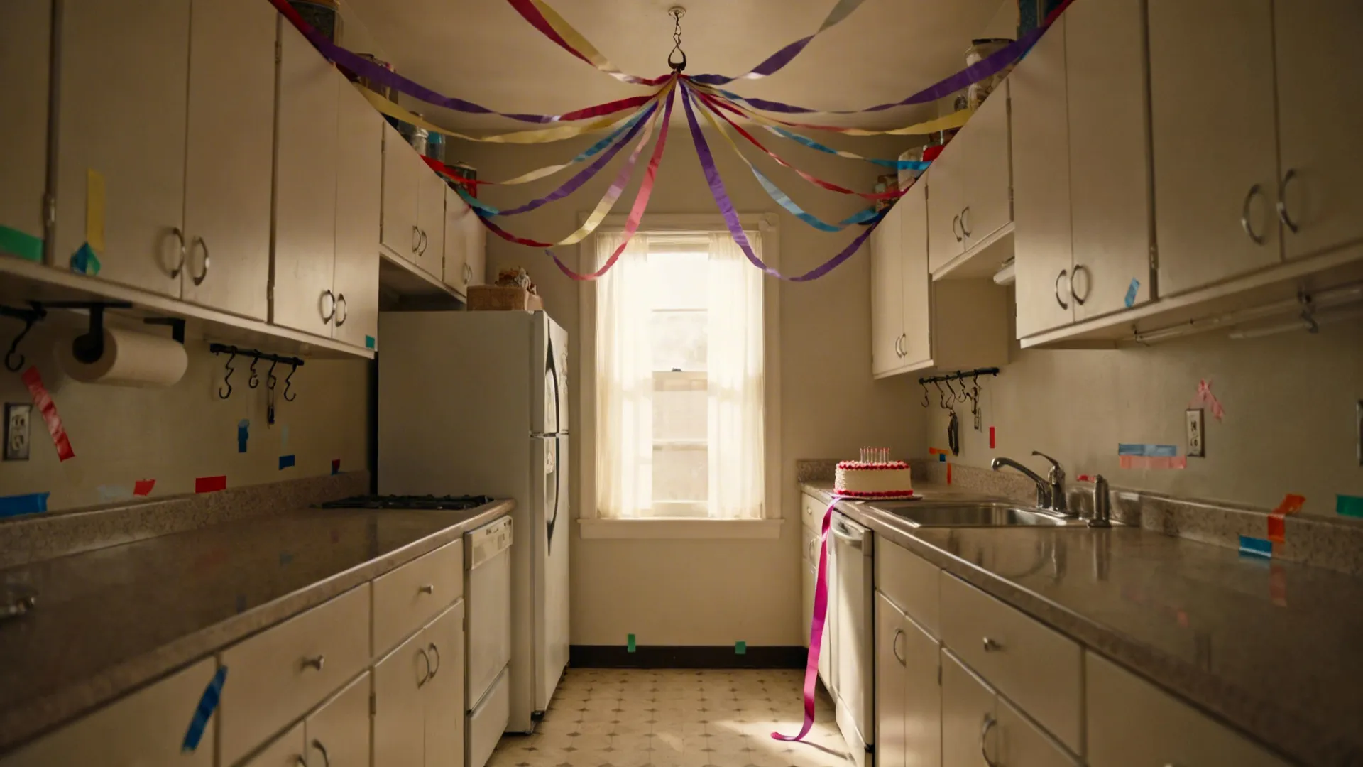 Galley kitchen with ceiling streamers and a single ribbon near the cake area, leaving counters clear.