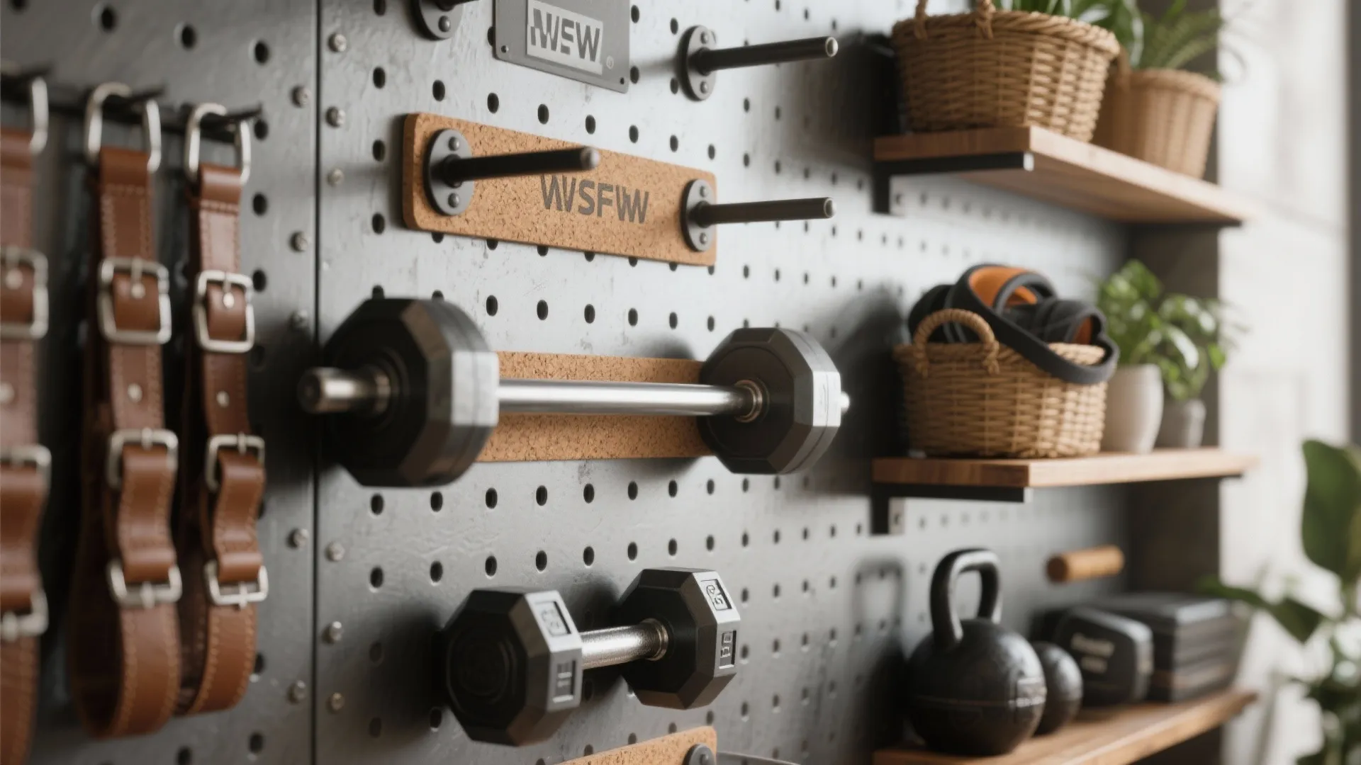 Home gym wall storage with dumbbells and weights hanging on a black metal pegboard system