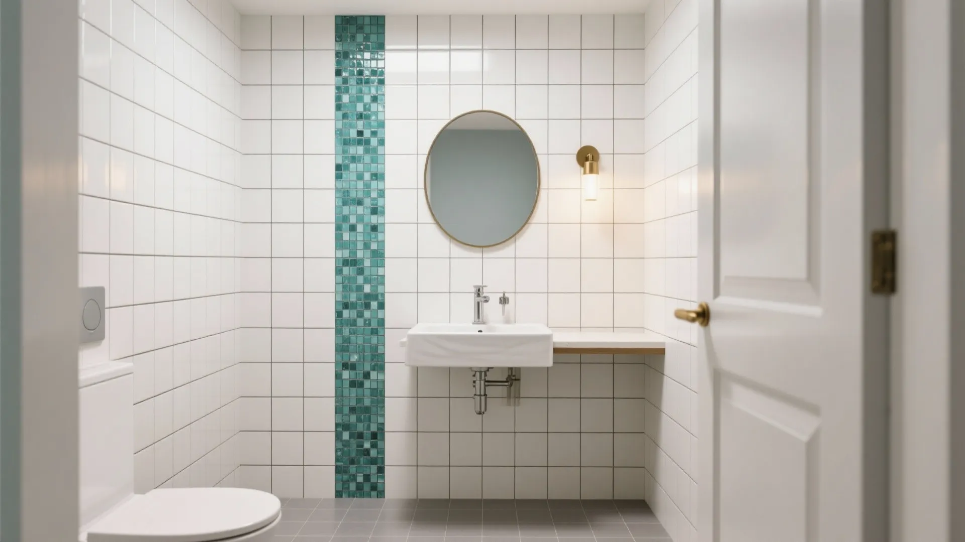 Modern white bathroom with round mirror wall light washbasin and a vertical green tile strip