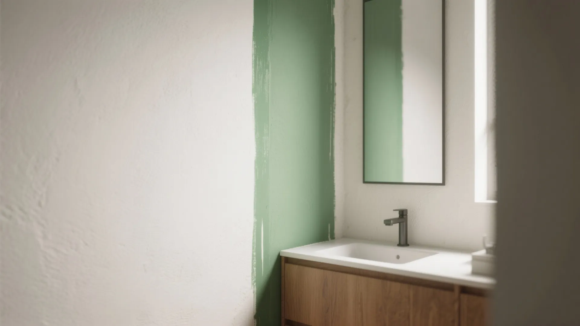 Modern bathroom vanity with wooden cabinet black faucet mirror and vertical green painted wall stripe design