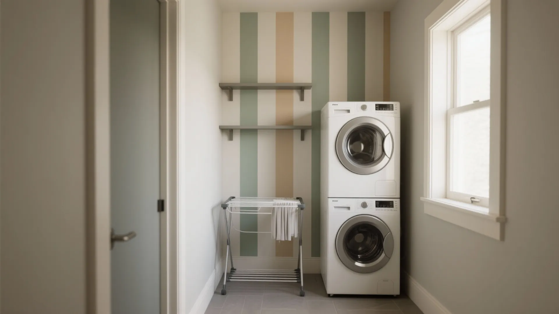 Narrow laundry room with vertical striped wallpaper and stacked washer and dryer and drying rack