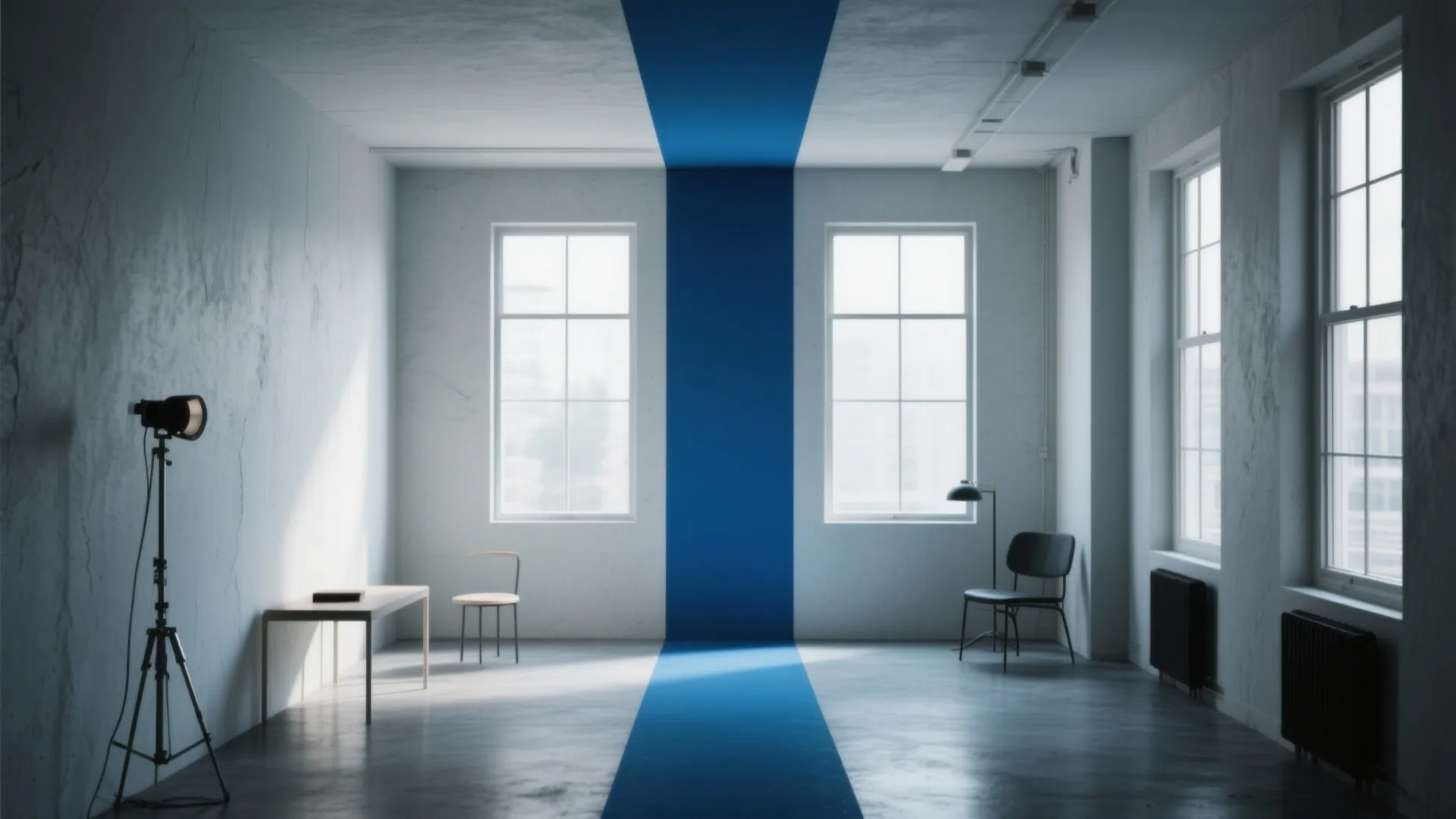 Minimalist white room with a bold blue stripe painted across the floor, wall, and ceiling