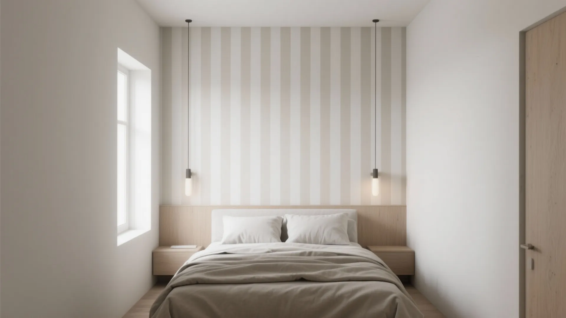 Petite bedroom featuring low-contrast vertical striped wallpaper that visually heightens the space.