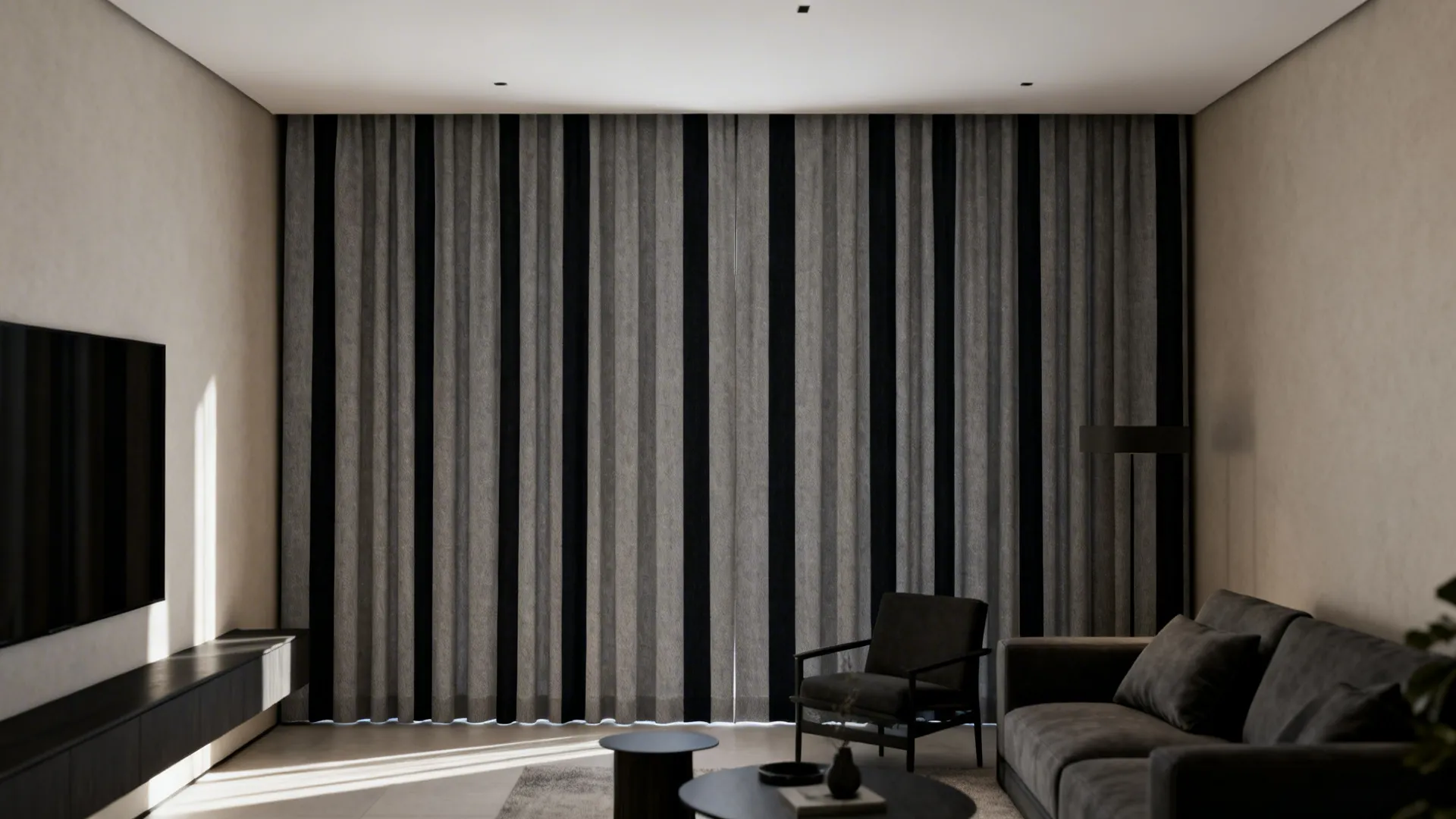 Modern living room with vertical striped curtains black sofa dark furniture and natural window light