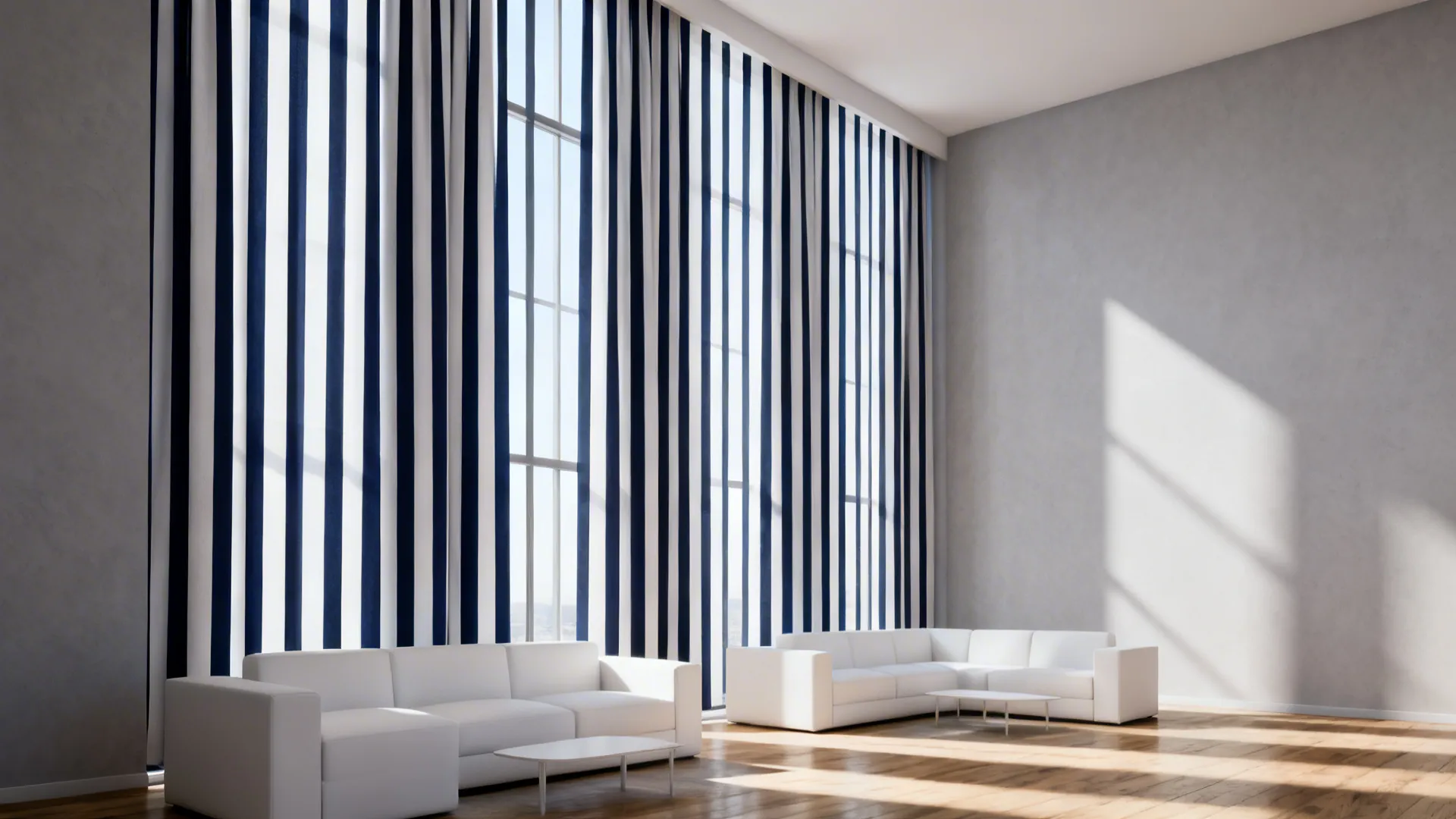Living room with ceiling-to-floor vertical stripe curtains creating an illusion of height and minimalist decor.
