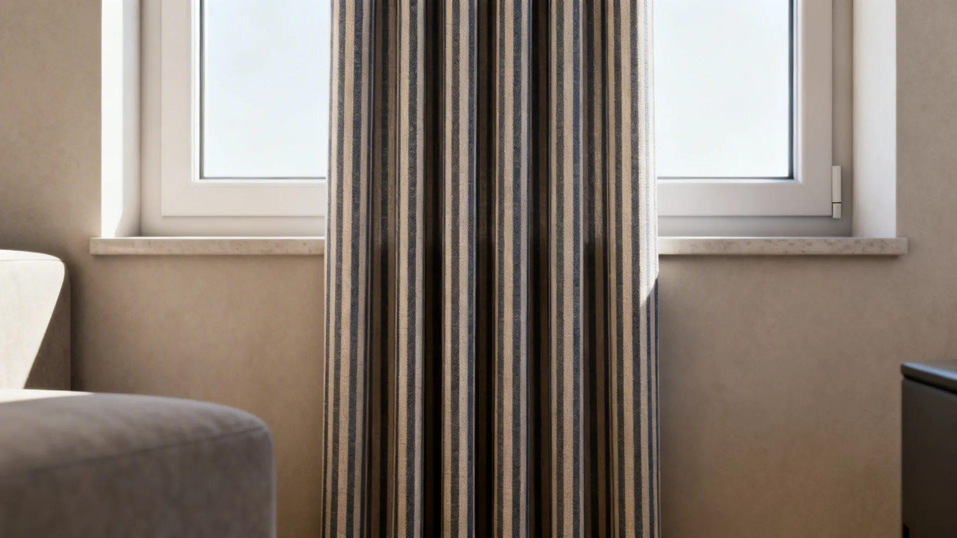 Vertical blue and beige striped curtains hanging in front of a white window with light