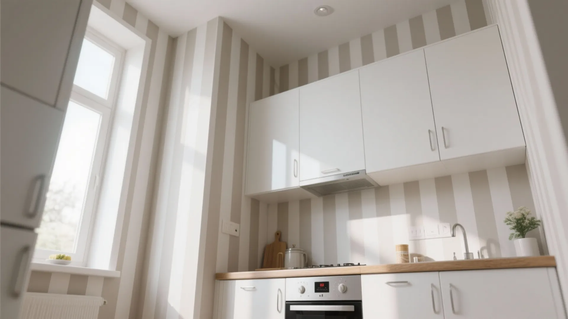 Modern kitchen with vertical striped wallpaper white cabinets wood countertop window and simple light fixture