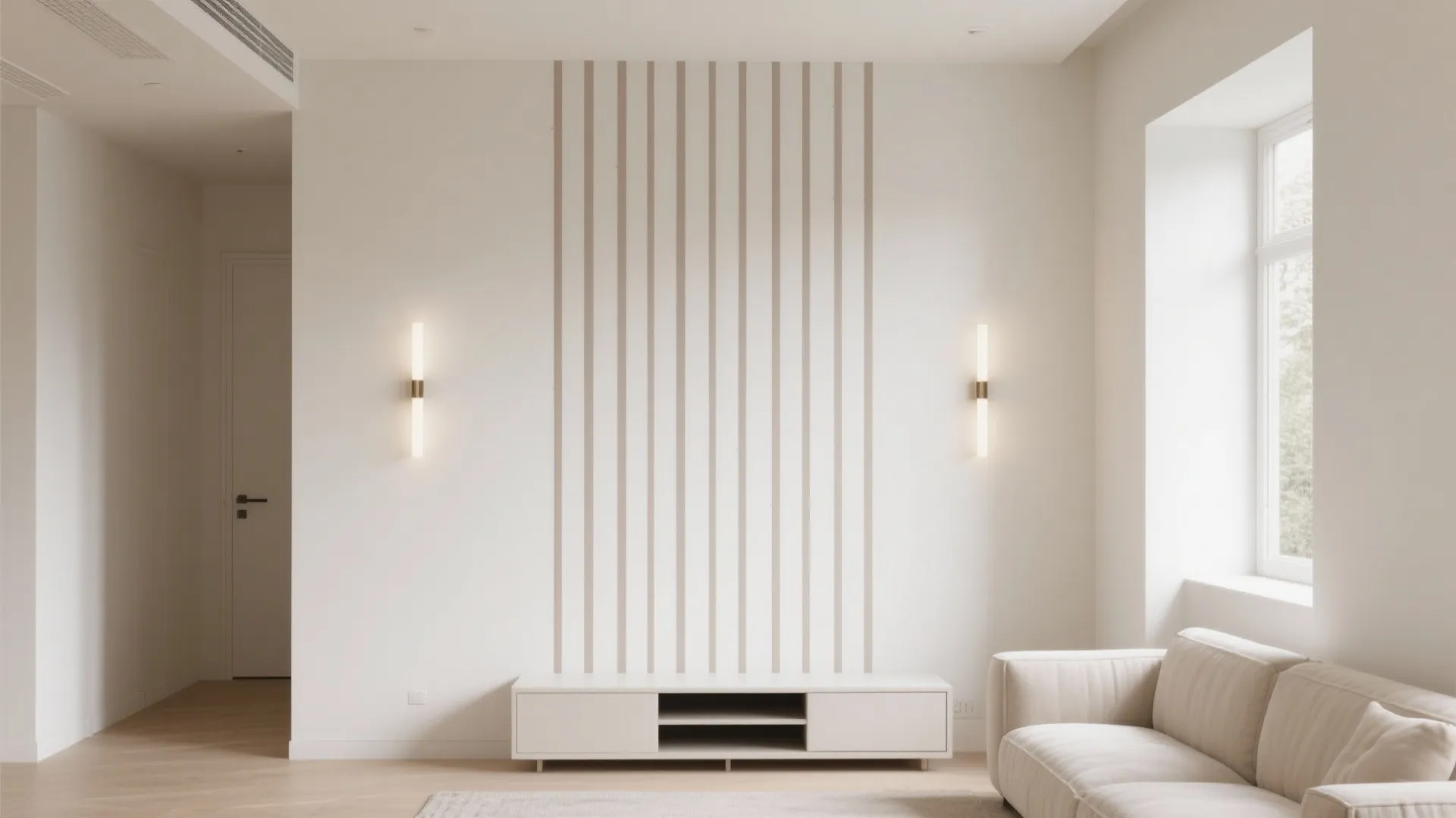 Minimalist living room with vertical wall panel design white sofa cabinet and two wall lights