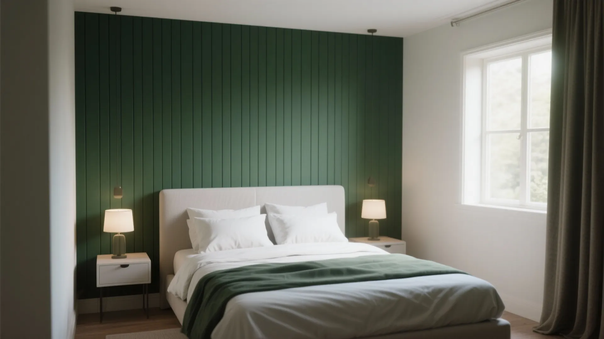 Vertical deep green striped accent wall in small bedroom