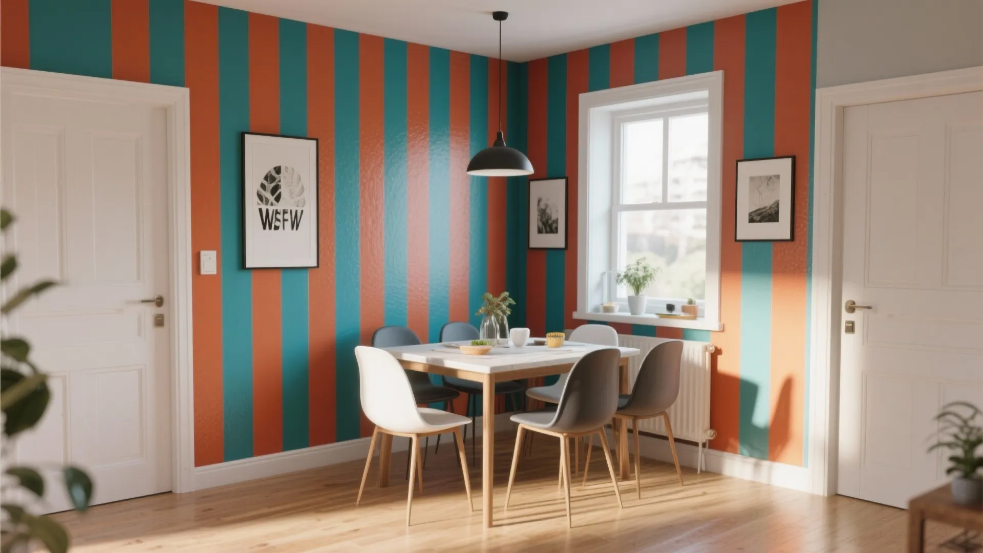Dining room with orange and blue striped wallpaper a wooden table and white modern chairs