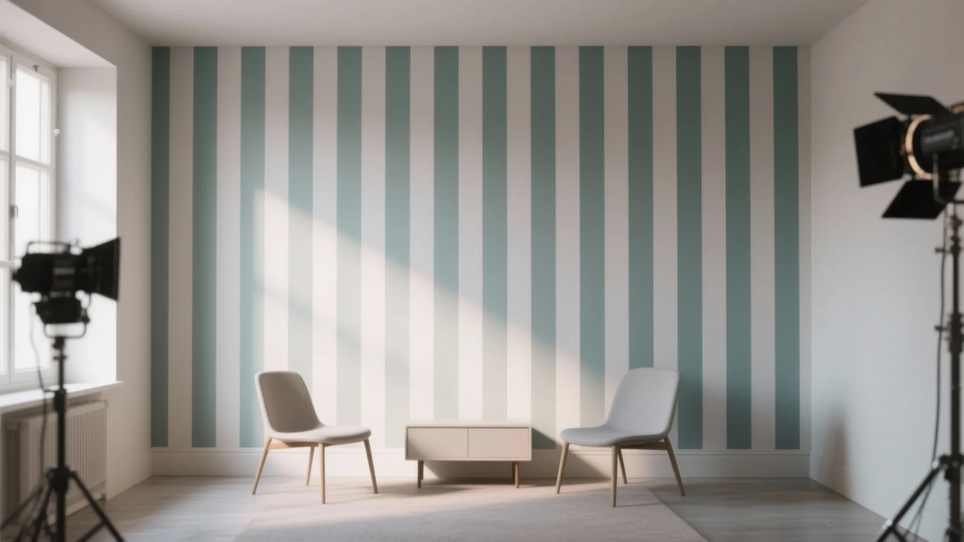 Minimalist room featuring blue and white striped wall panel with two chairs and small cabinet