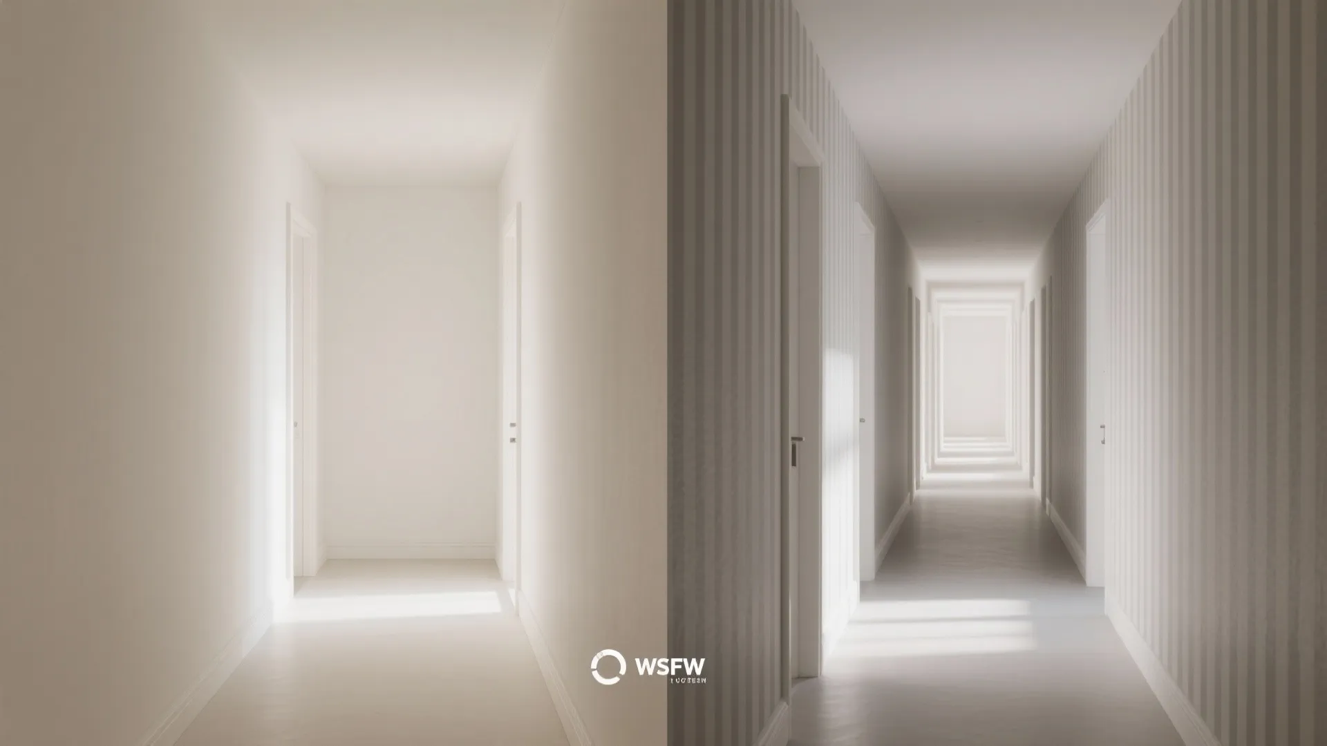Before and after comparison of a plain white hallway versus a hallway with striped wallpaper