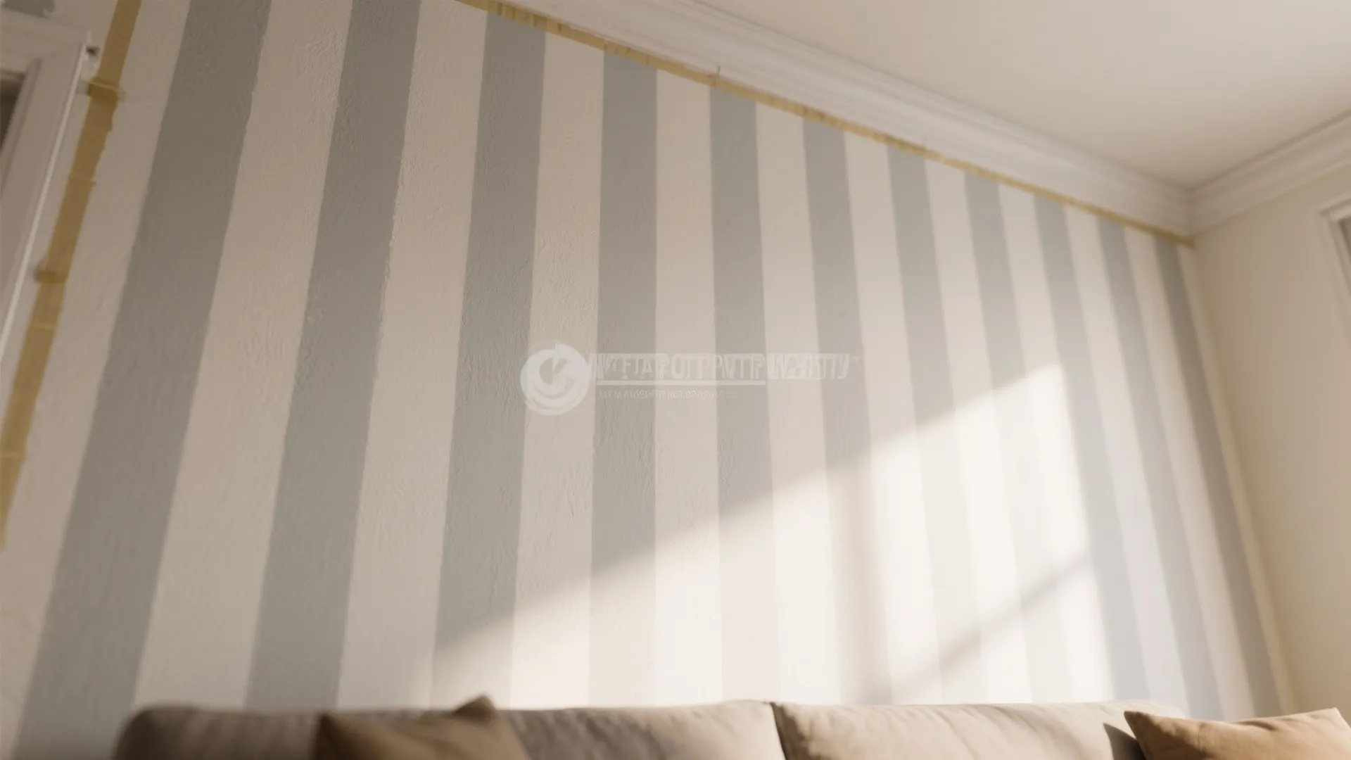 Interior wall featuring light grey and white vertical stripes with natural sunlight and shadow effect