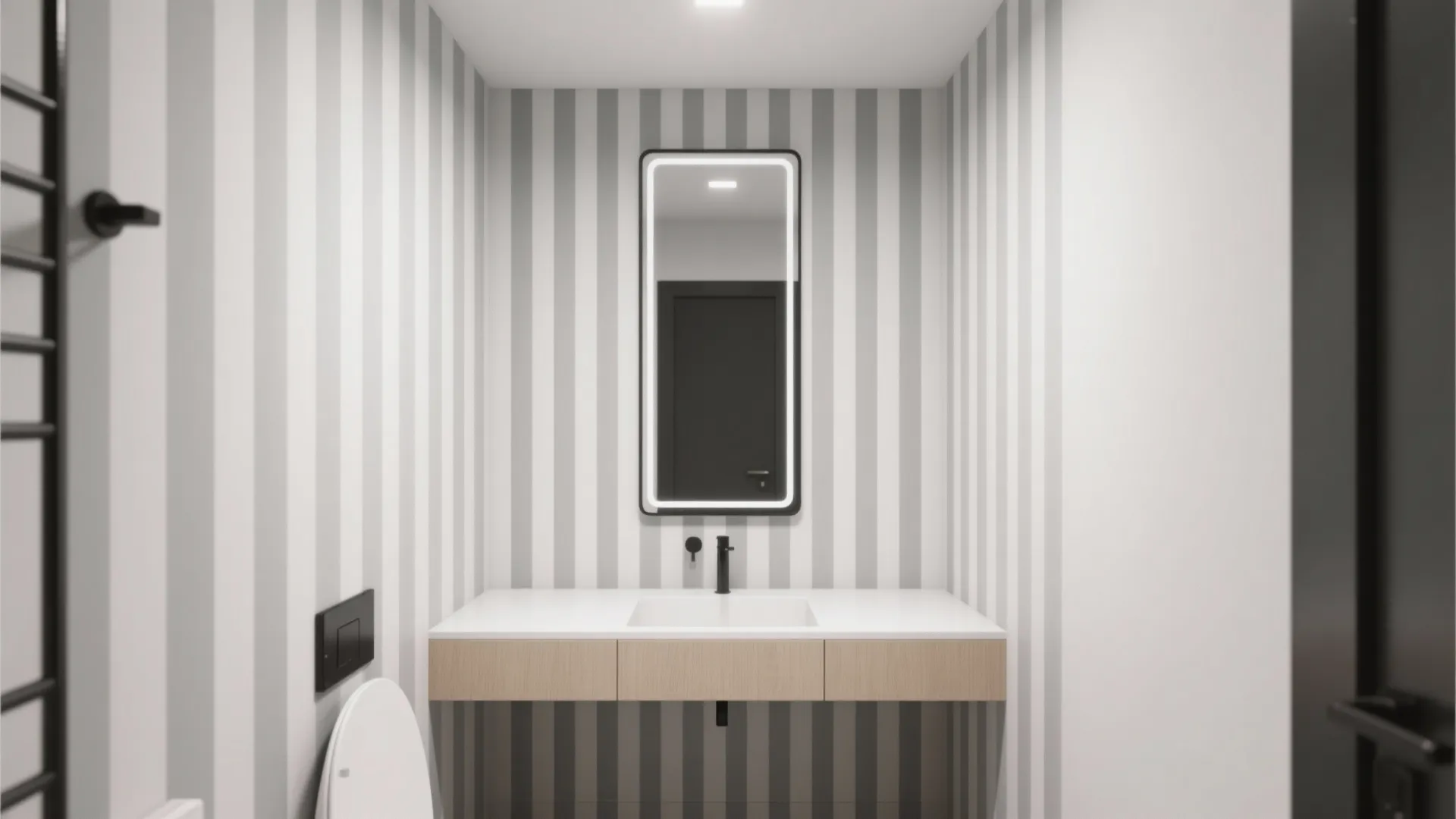 Minimalist bathroom with grey vertical striped wallpaper light up mirror wooden cabinet and white sink bowl