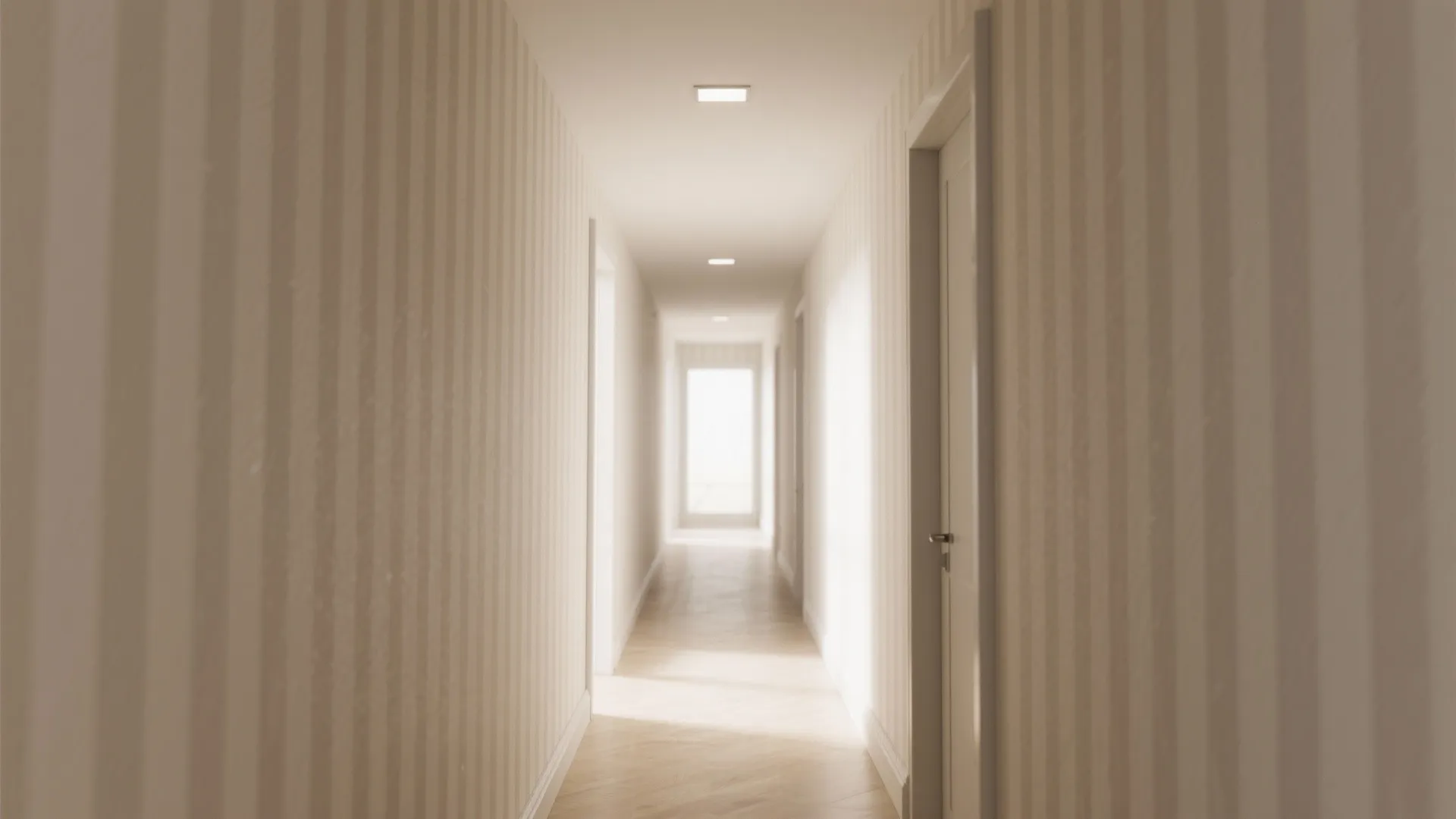 Long narrow hallway featuring vertical striped wallpaper white doors wood flooring and square ceiling lights