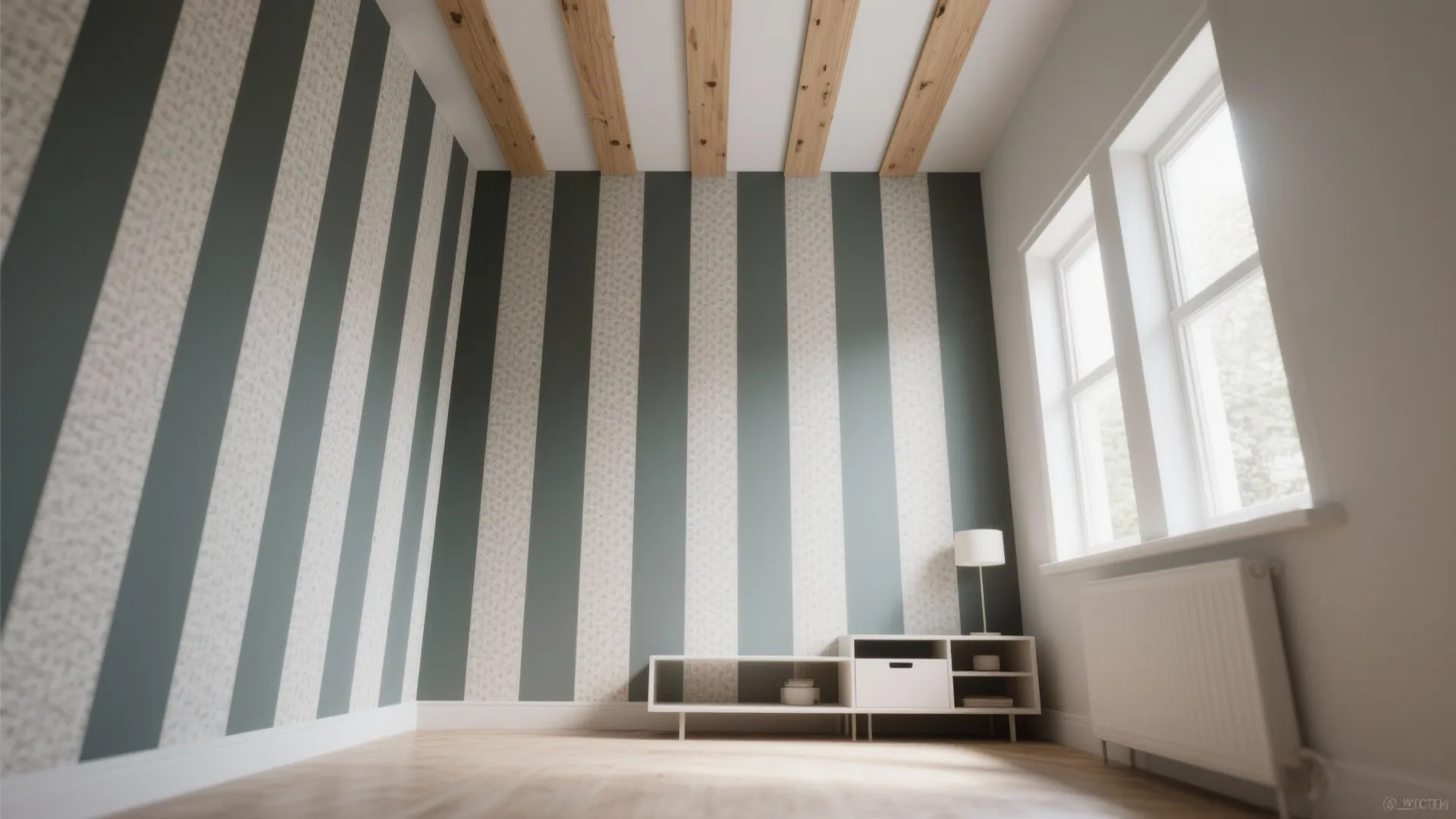 Interior room with green striped wallpaper wooden ceiling beams white cabinet lamp window and floor