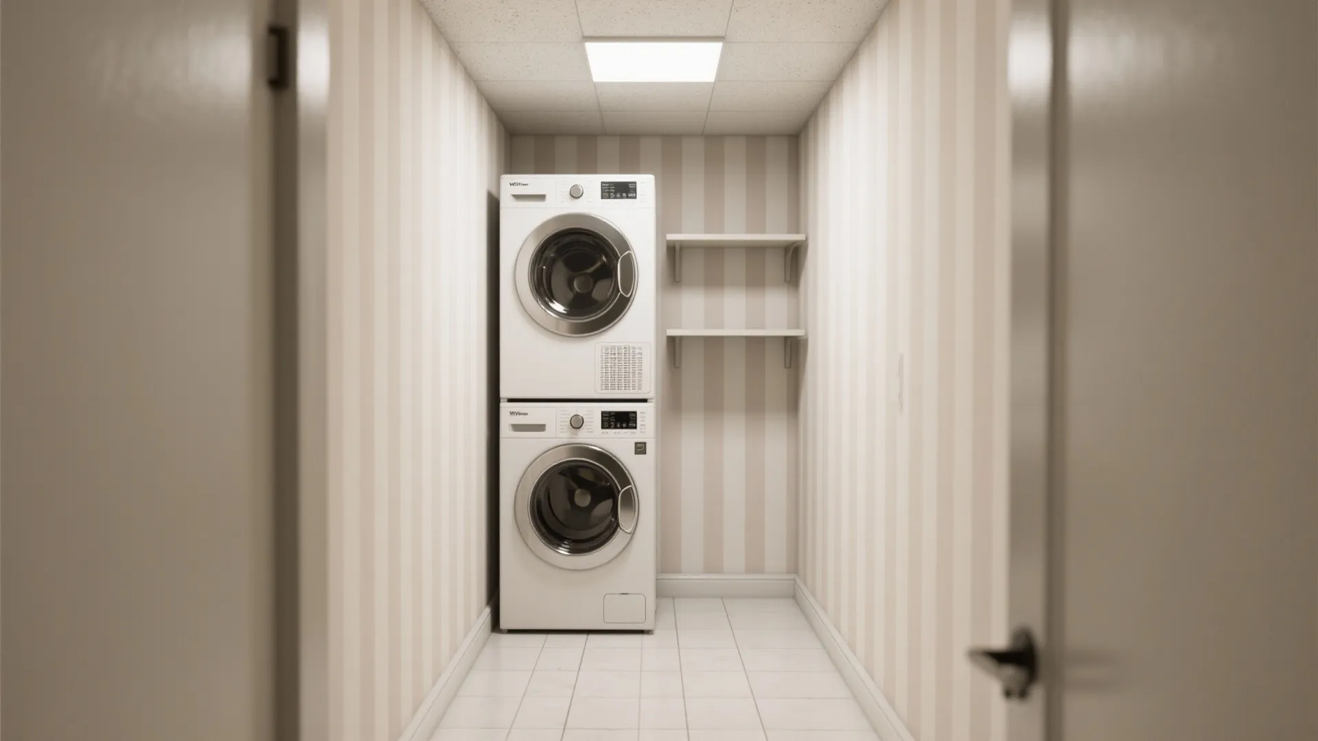 Stacked washing machine and dryer in narrow room with vertical striped wallpaper and white shelves