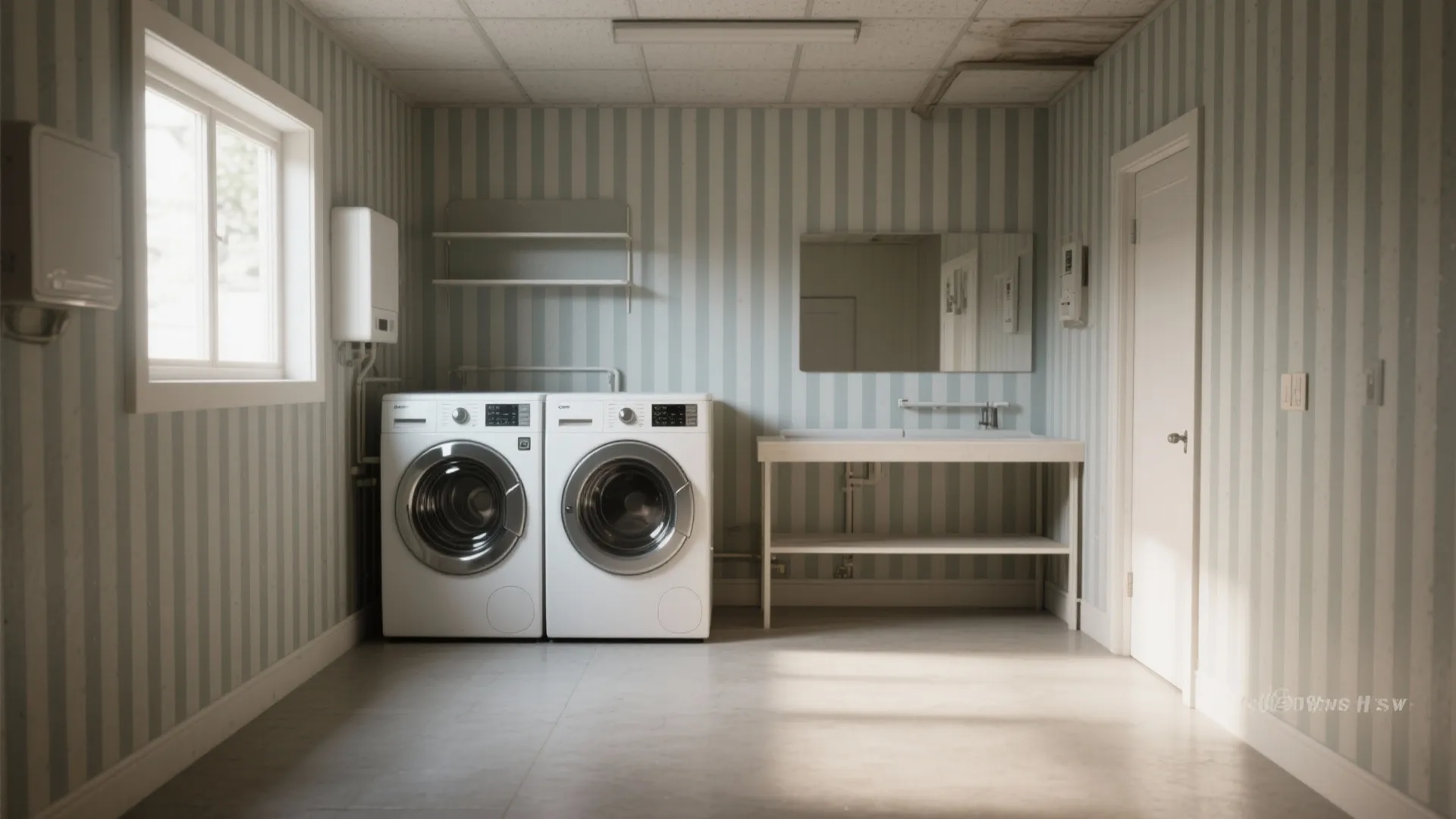 Laundry room with blue striped wallpaper featuring two white washing machines and a simple sink