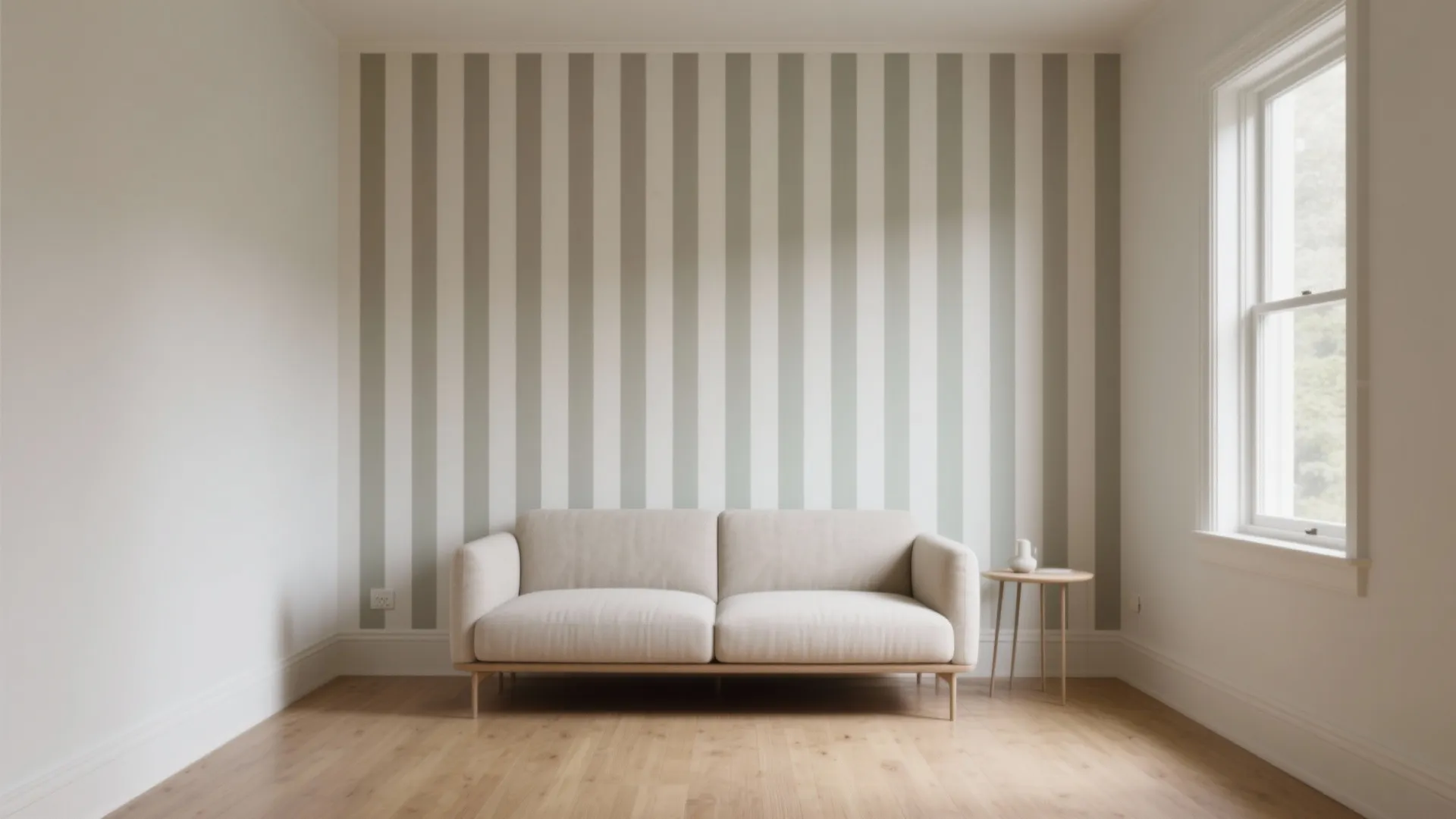 Modern living room with a white sofa and a wall featuring green vertical striped wallpaper