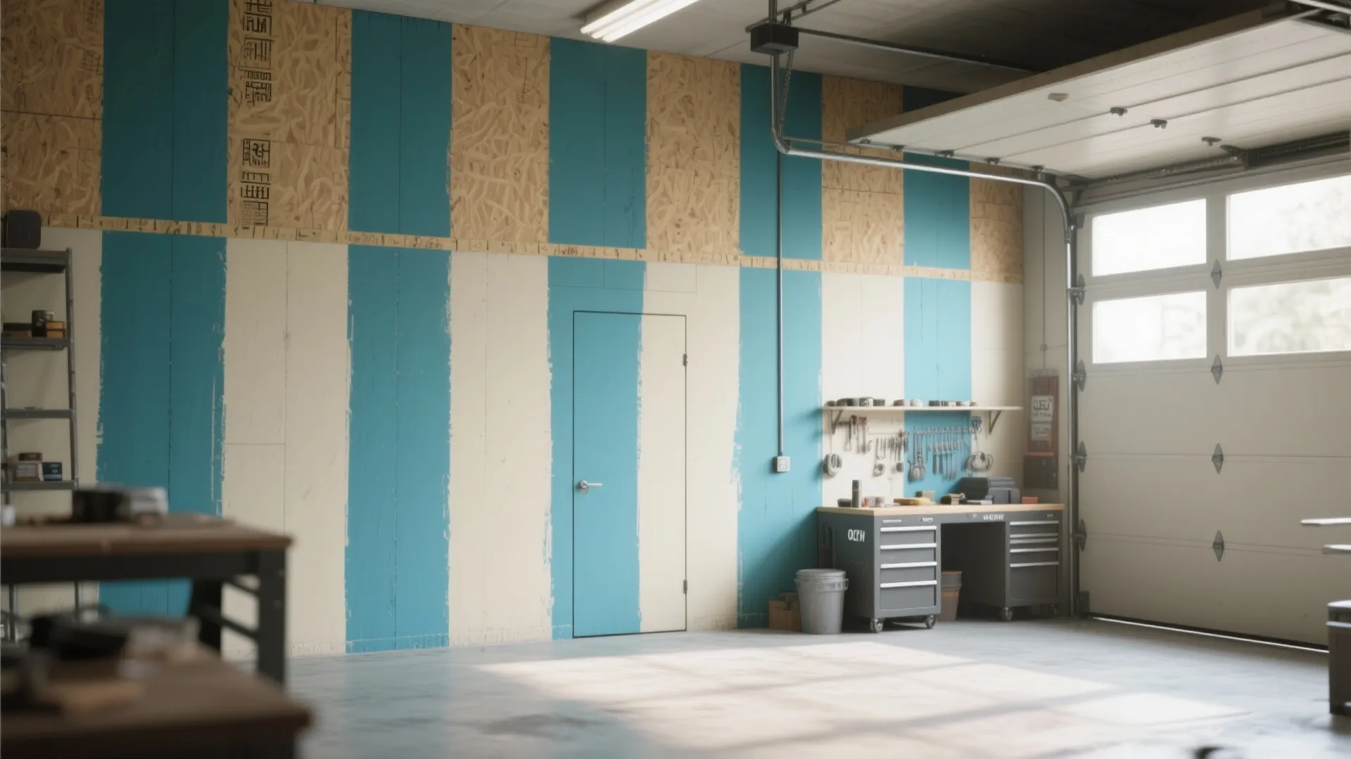 Garage interior featuring blue and white vertical stripes painted on wall with workbench and metal cabinet