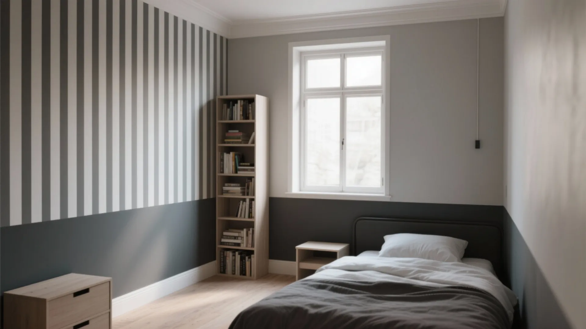 Compact bedroom with narrow vertical low-contrast stripes that visually lift the ceiling height.