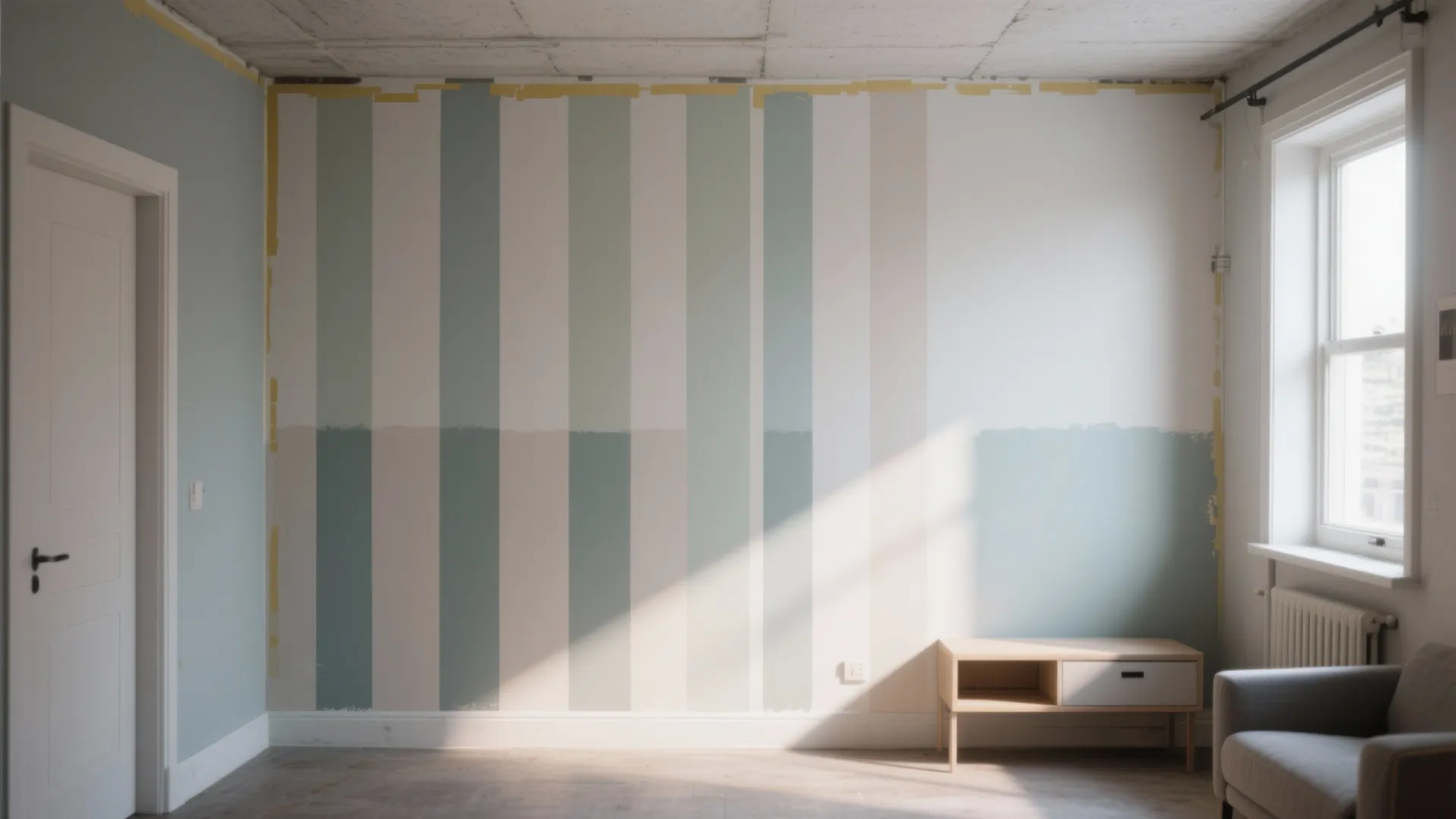 Empty room with painted vertical wall stripes and simple wood cabinet under natural window light
