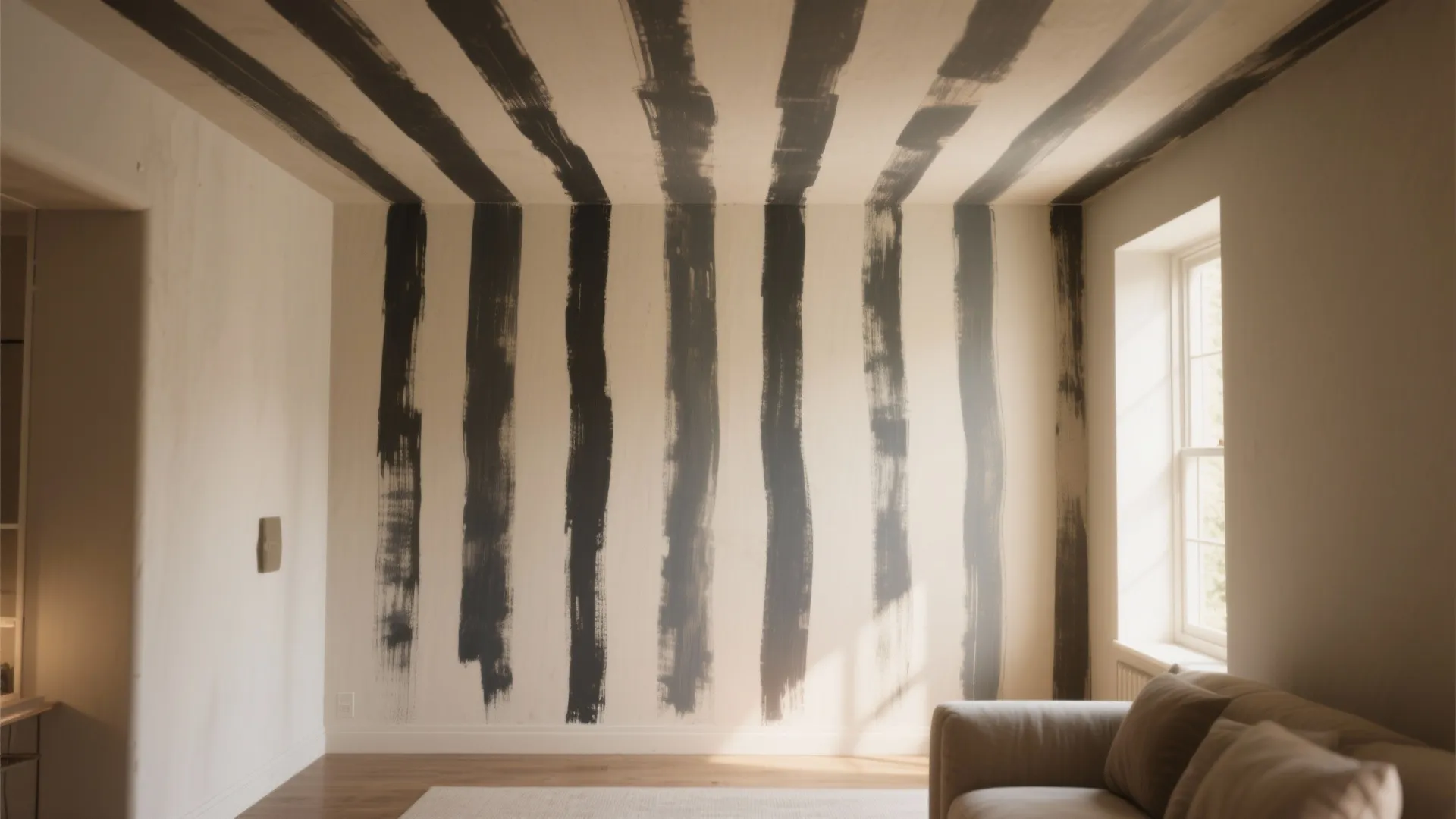 Low room with subtle freehand vertical brush stripes that visually raise the ceiling height.
