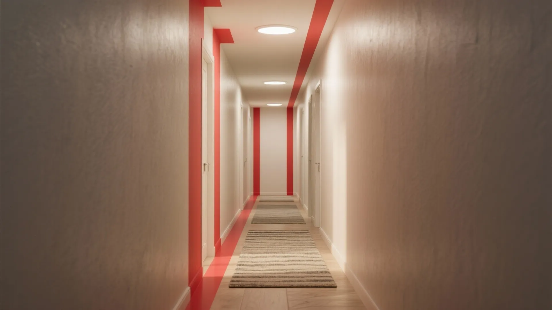 Narrow hallway with vertical red stripes on neutral walls creating a taller, elongated feel.