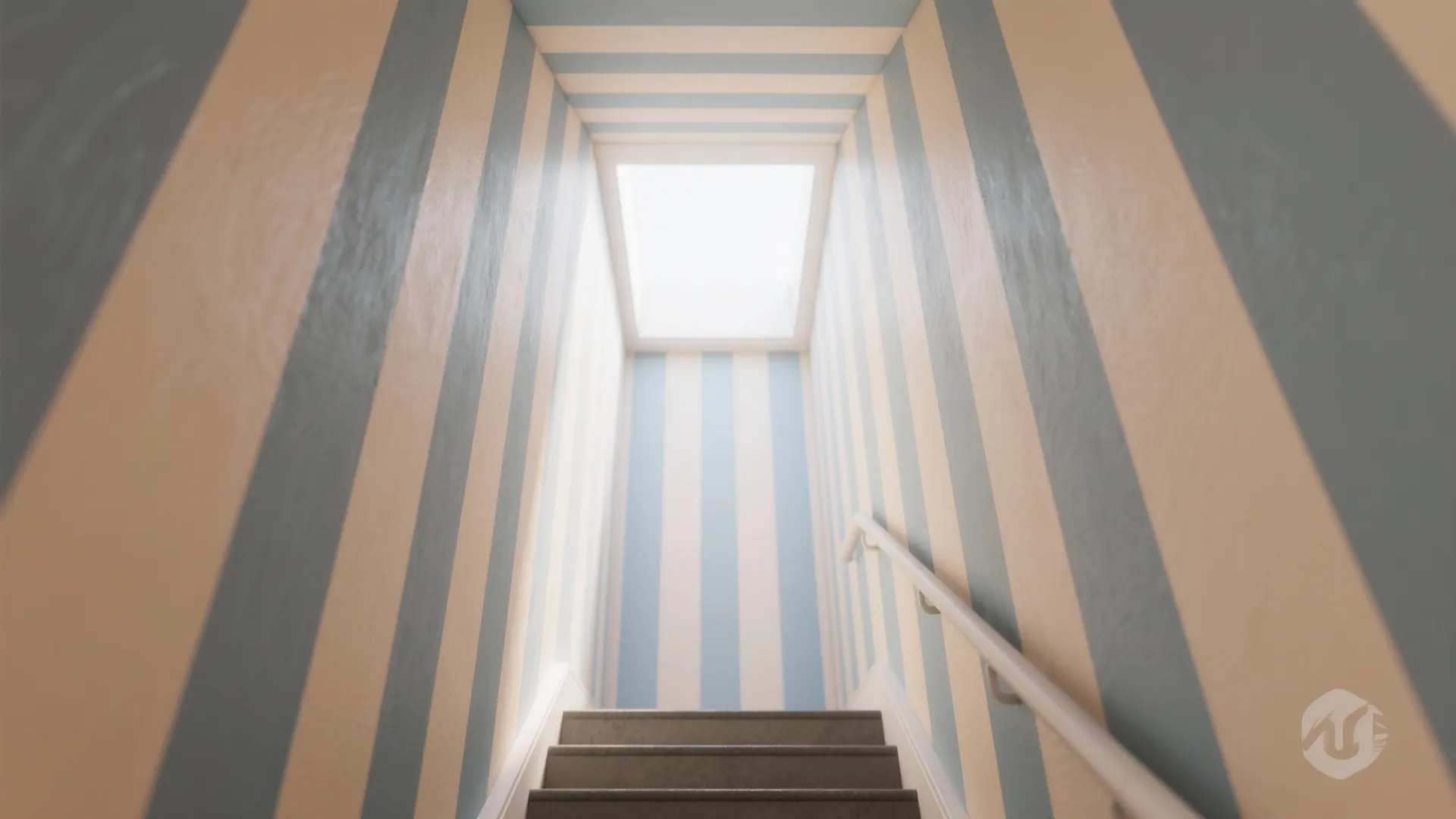 Narrow stairwell with blue and beige striped walls leading to a bright square roof window