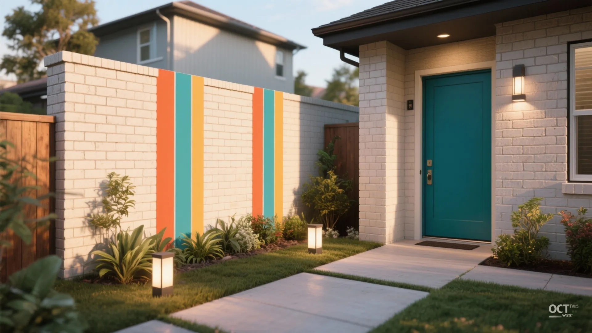 House entrance featuring a blue door and a brick wall with colorful painted vertical stripes
