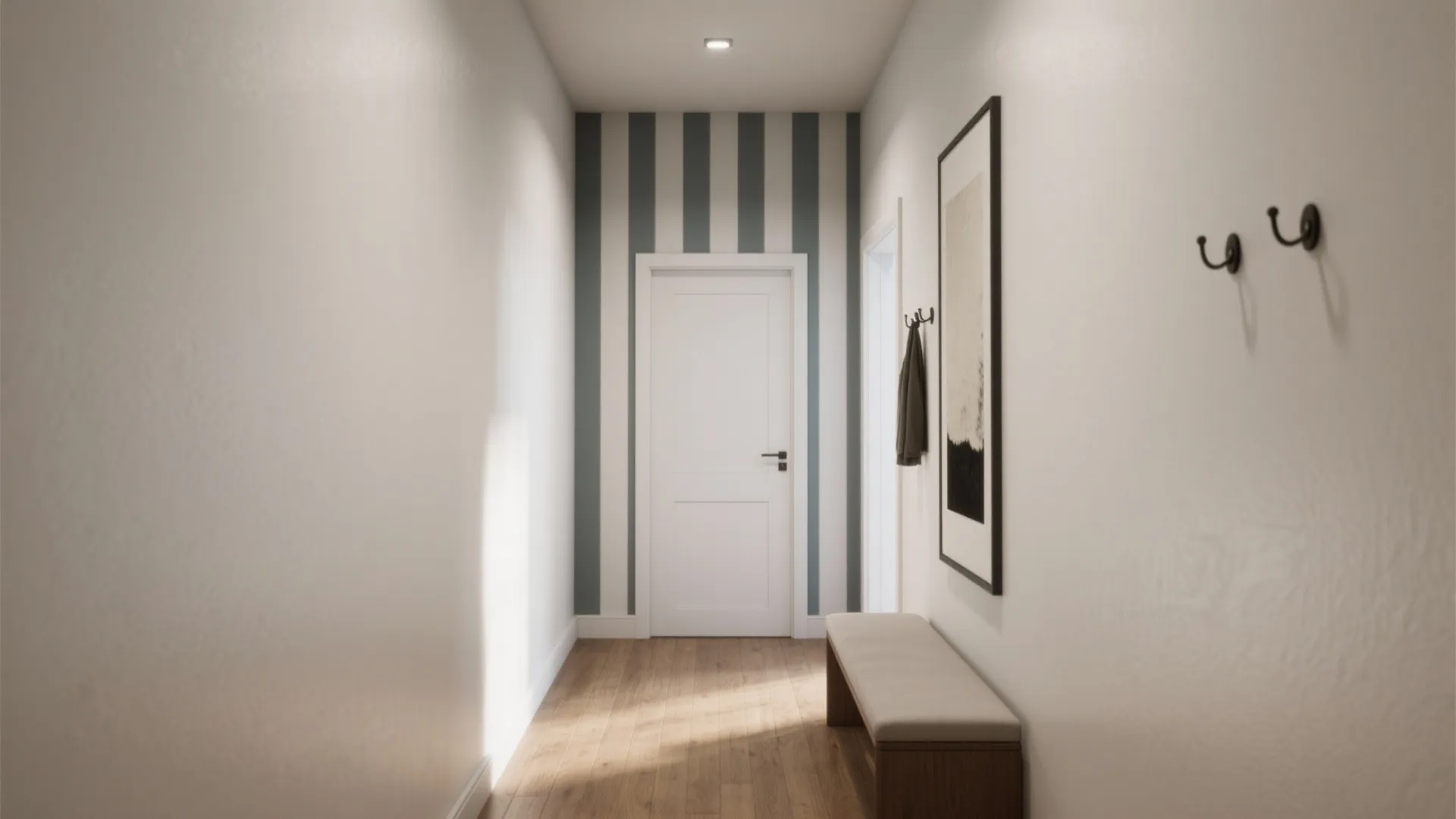 Narrow hallway with wooden floor and blue vertical stripes wallpaper on the back accent wall
