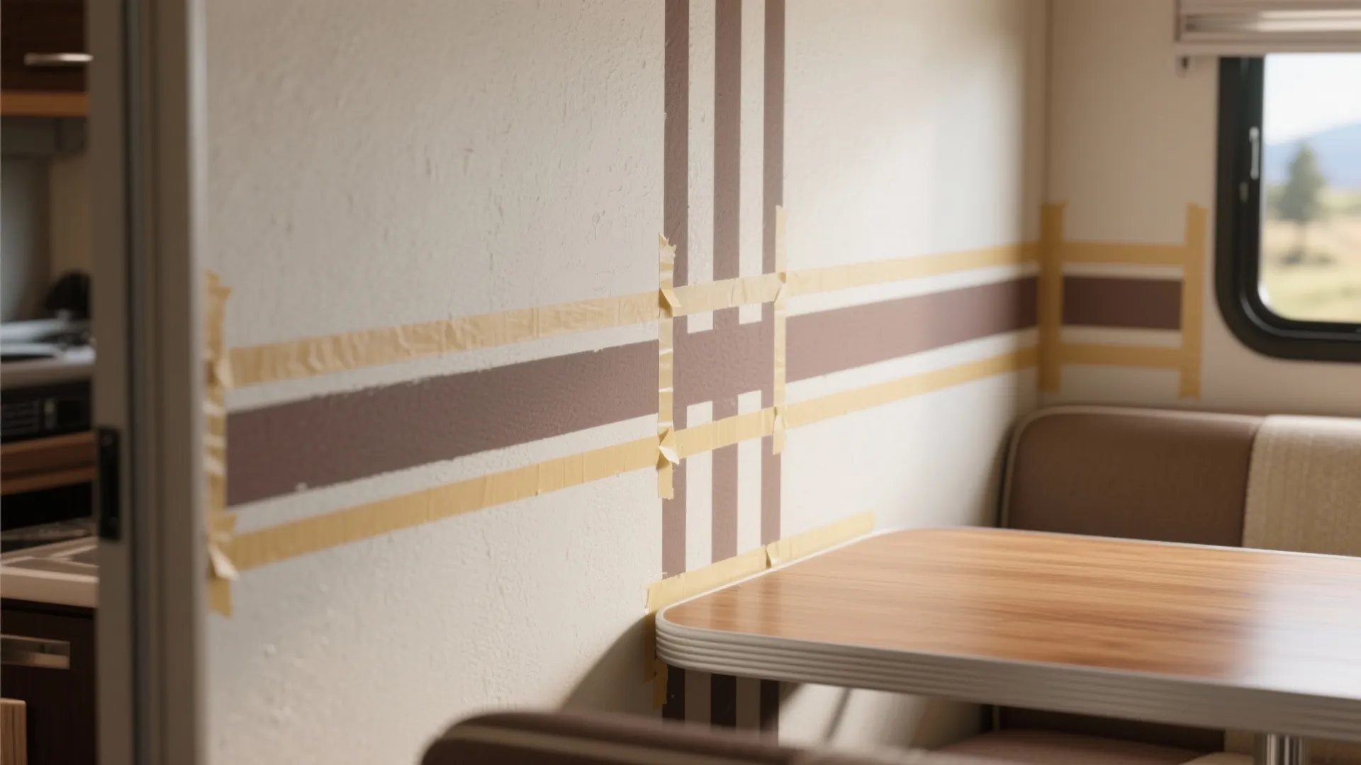 White wall with brown painted stripes and masking tape next to a wooden dining table