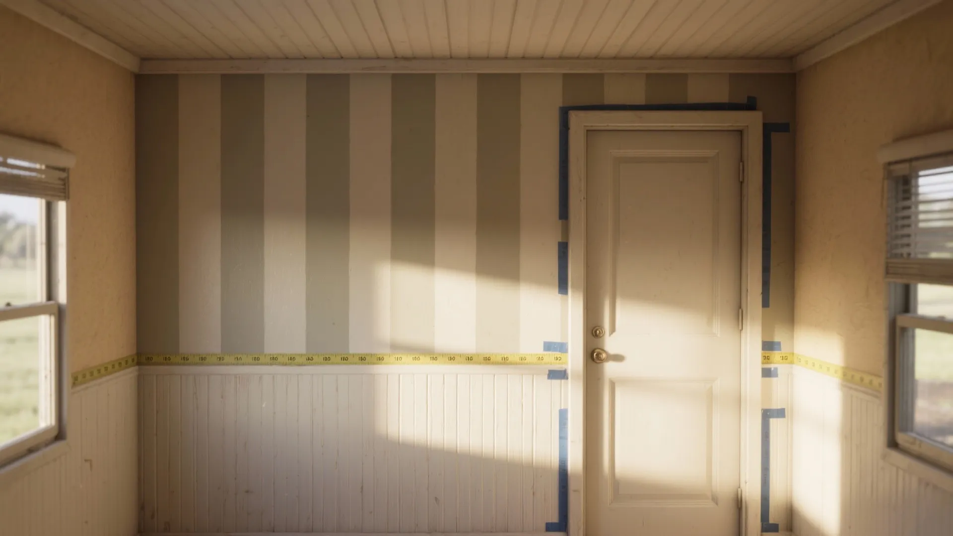Green and white striped wall with white wall panel, yellow tape measure, and white door