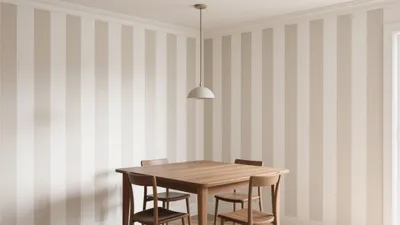Striped Wall Dining Room with Wood Furniture
