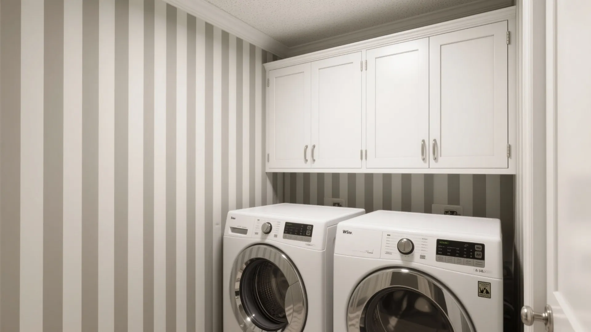 Laundry room interior design drawing showing vertical striped wallpaper with washing machines and white storage