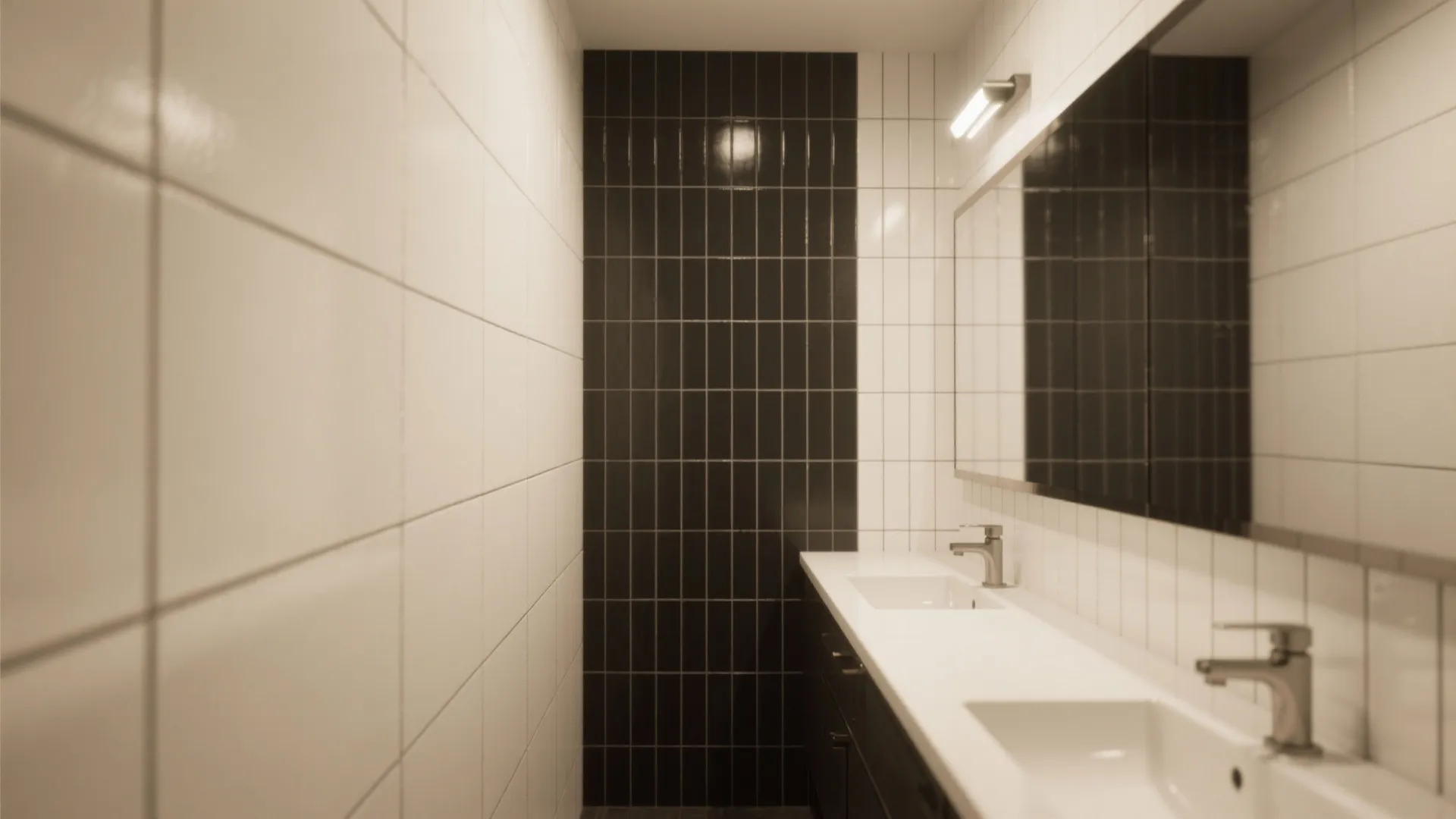Narrow bathroom with white tiled walls black vertical tile stripe mirror and two sink faucets
