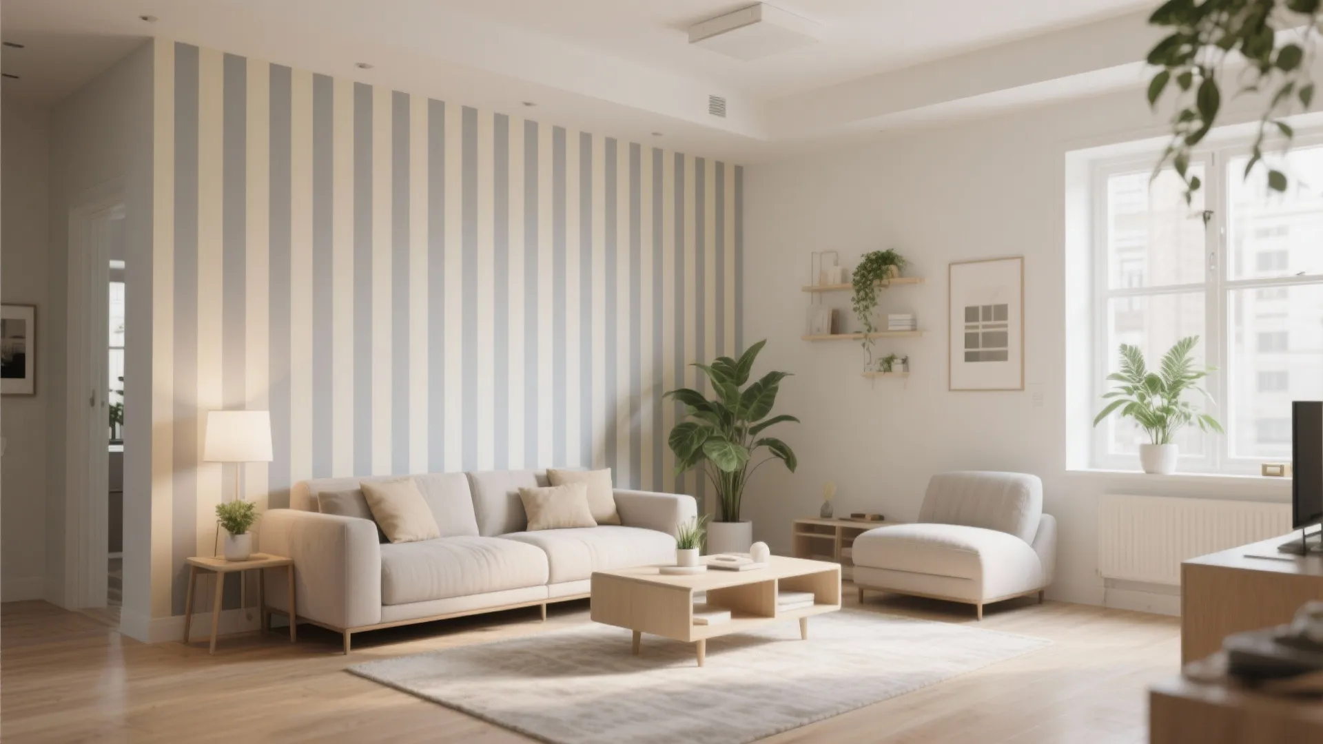 Living room with vertical striped wallpaper white sofa wooden coffee table potted plant and sunlight