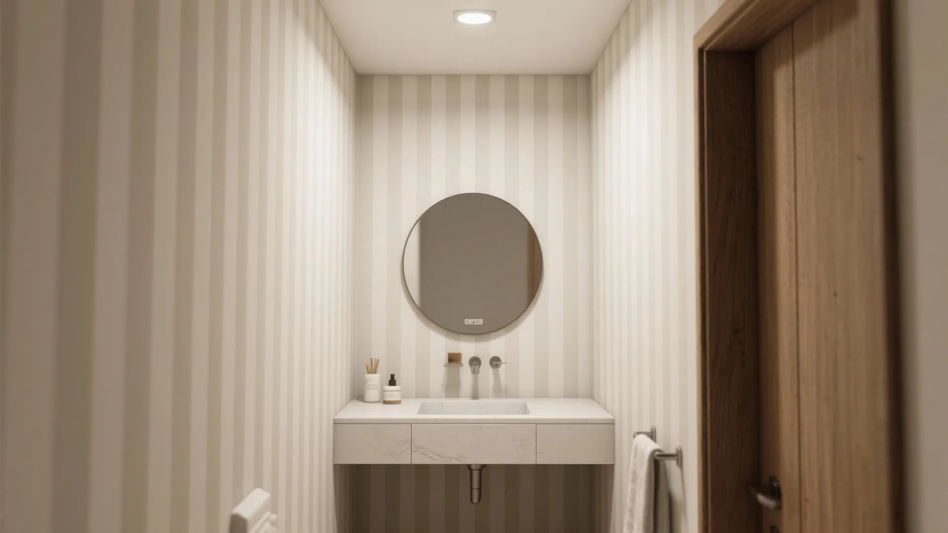 Small bathroom with vertical striped wallpaper round mirror white sink marble cabinet and wood door