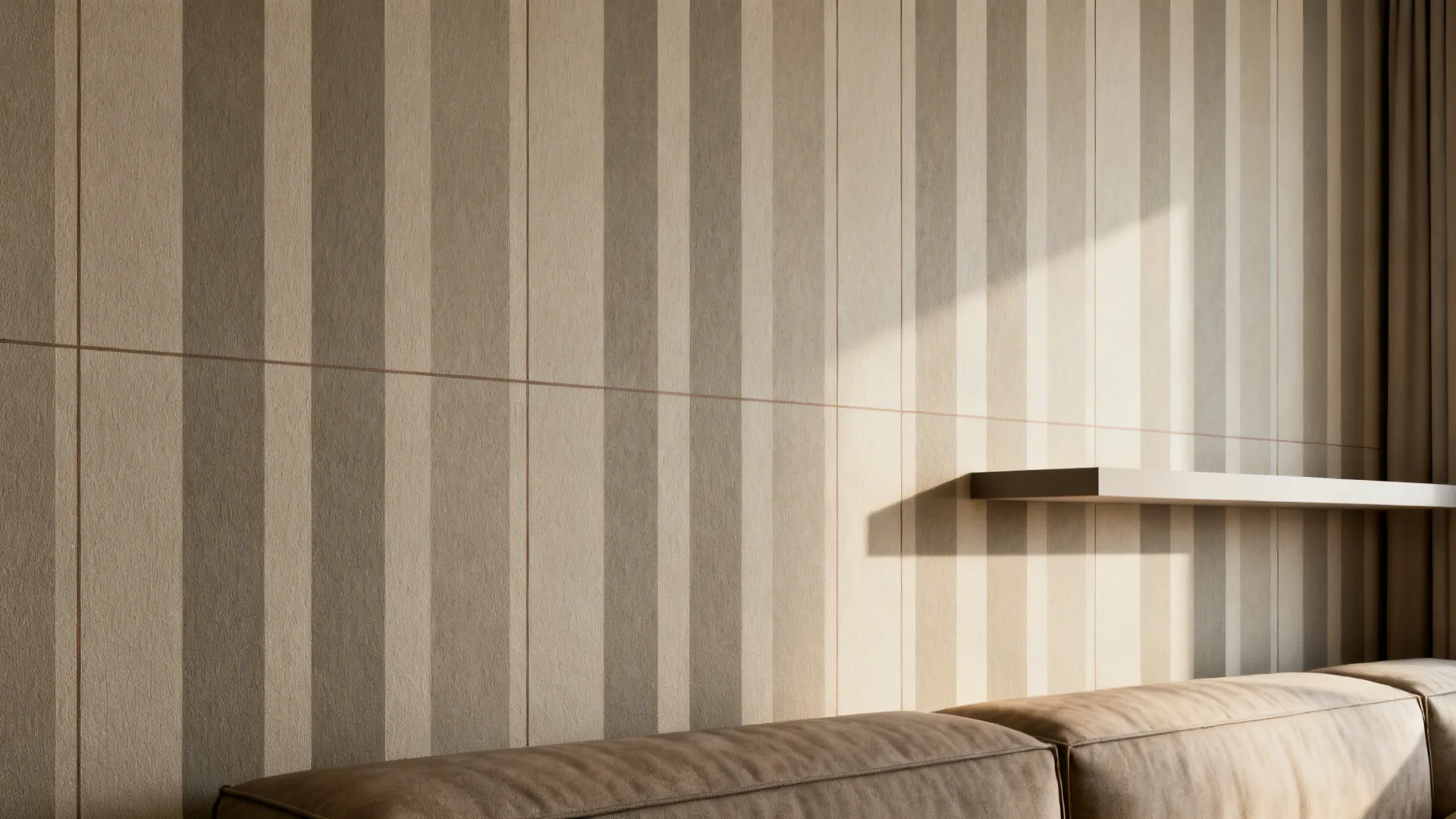 Compact living room with muted two-tone vertical stripe peel-and-stick wallpaper stretching the ceiling visually.
