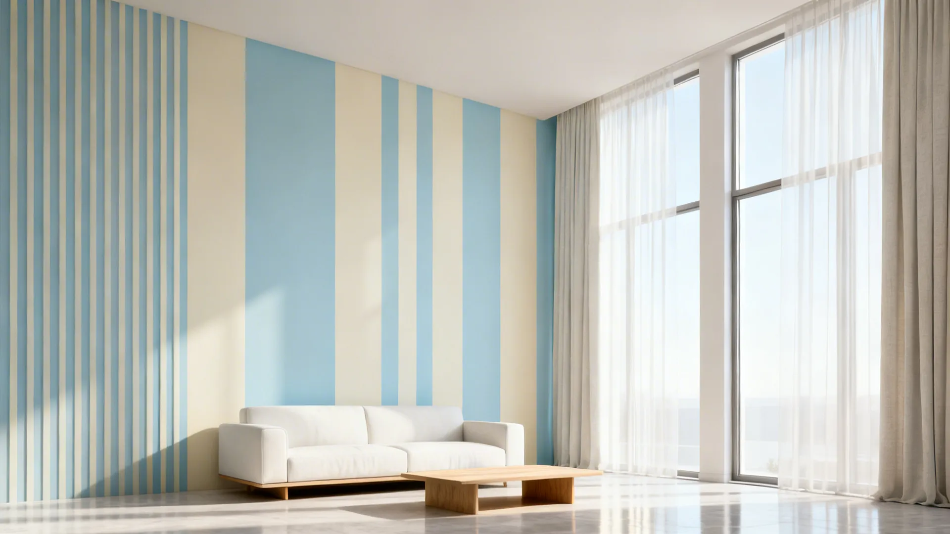 Small living room with wide vertical soft-tone stripes making the ceiling appear taller