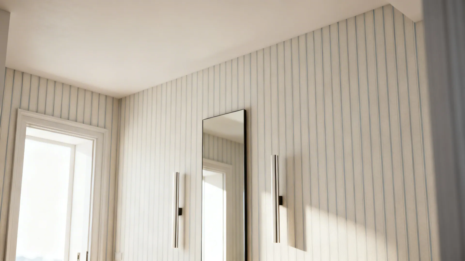 Small powder room with pale narrow vertical stripes and a tall mirror that visually lifts the ceiling.