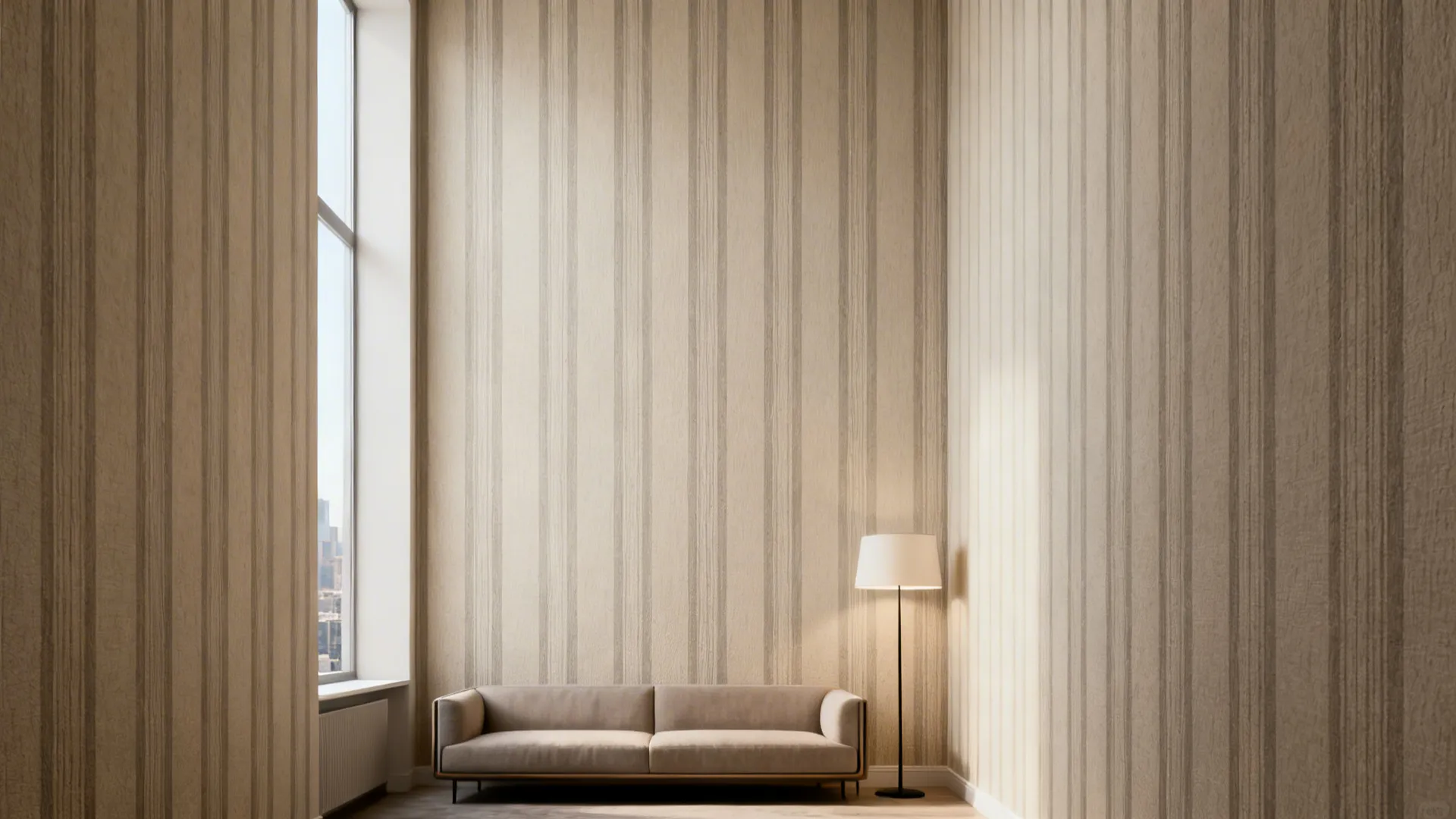 Narrow living room with subtle vertical striped peel-and-stick wallpaper creating a taller feel.