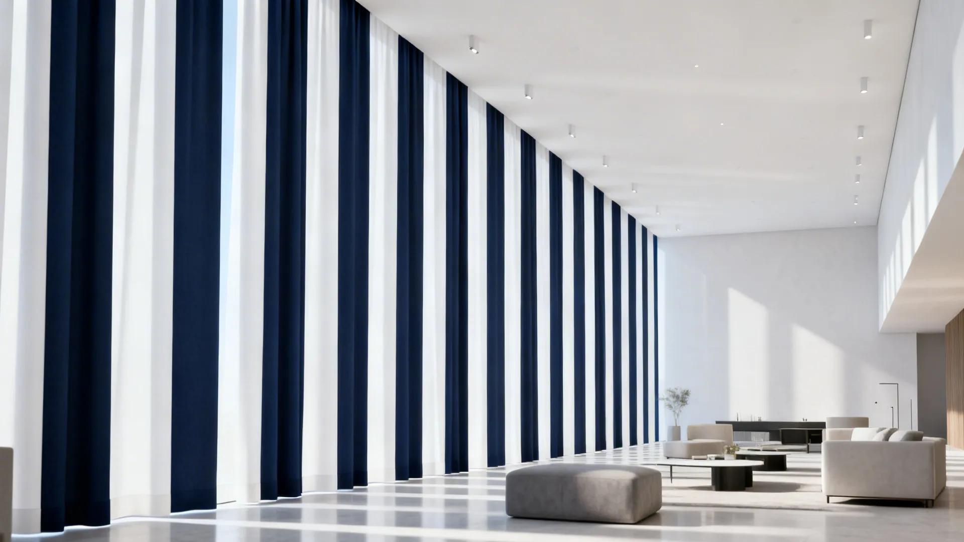 Long living room with vertical navy and white striped curtains creating height illusion